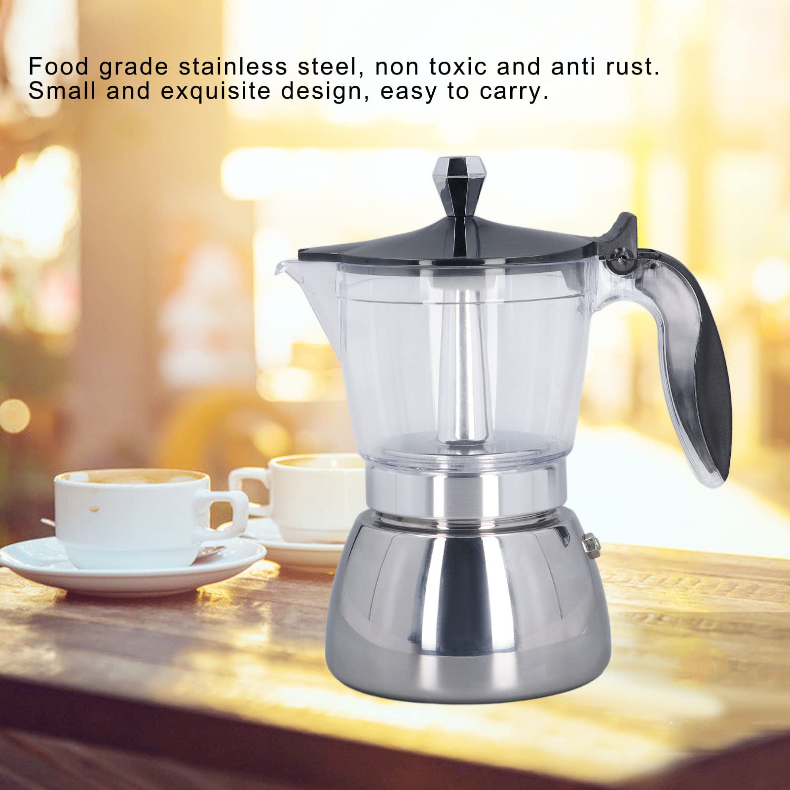 6 Cup Stovetop Espresso Maker - Stainless Steel Moka Pot with Clear ABS Top for Rich Coffee - Perfect for Home, Office & Camping Use