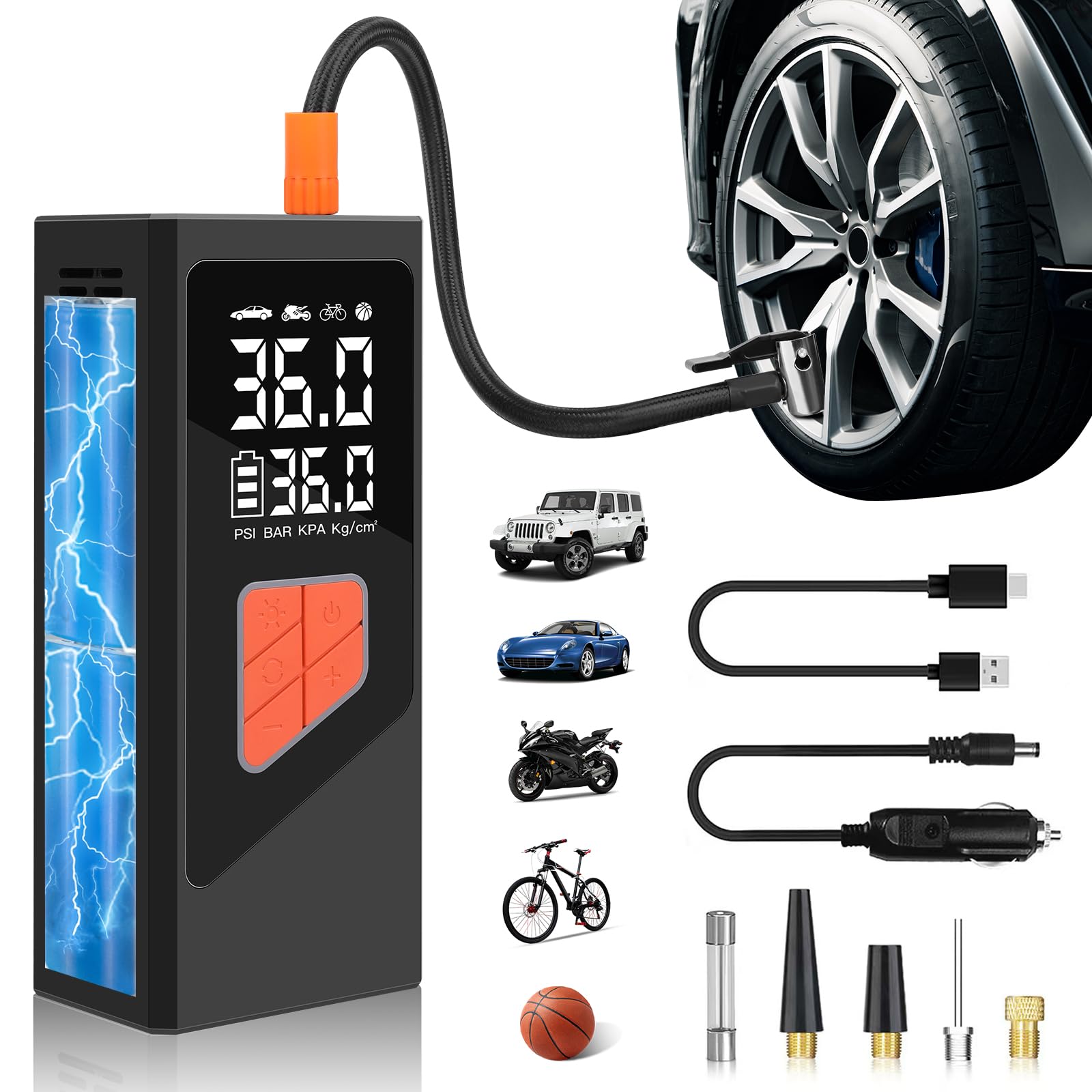 Portable Cordless Tire Inflator Air Compressor - 150 PSI Electric Air Pump with Digital Pressure Gauge, 12V Car Tire Pump for Cars, Motorcycles, Bikes, Sports Balls - Perfect for Road Trips, Emergency Flat Tires & Outdoor Adventures