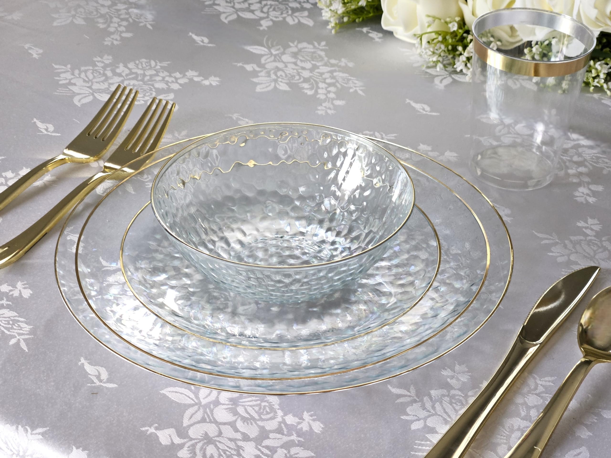 960-Piece Heavyweight Disposable Plastic Wedding Party Plate Set - 120 x 10'' Plates, 120 x 7'' Plates, Silverware, Cups & Napkins in Coastal Clear & Gold - Elegant Dinnerware for Weddings, Showers, Receptions & Large Gatherings