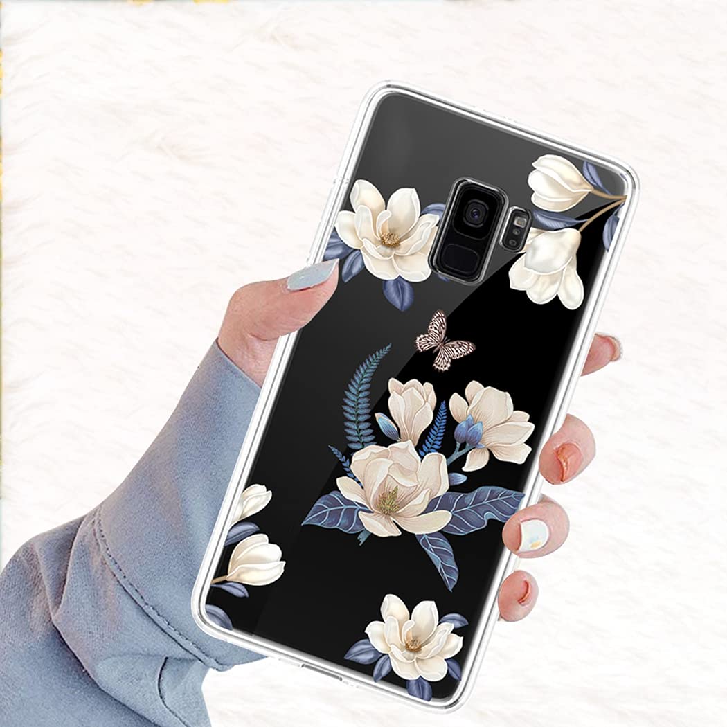 Cute Clear Slim Shockproof Samsung Galaxy S9 Case for Women - Soft Flexible TPU Rubber Protective Phone Cover with Floral Pattern (White Flower) | Perfect for Everyday Use, Work & Travel Protection