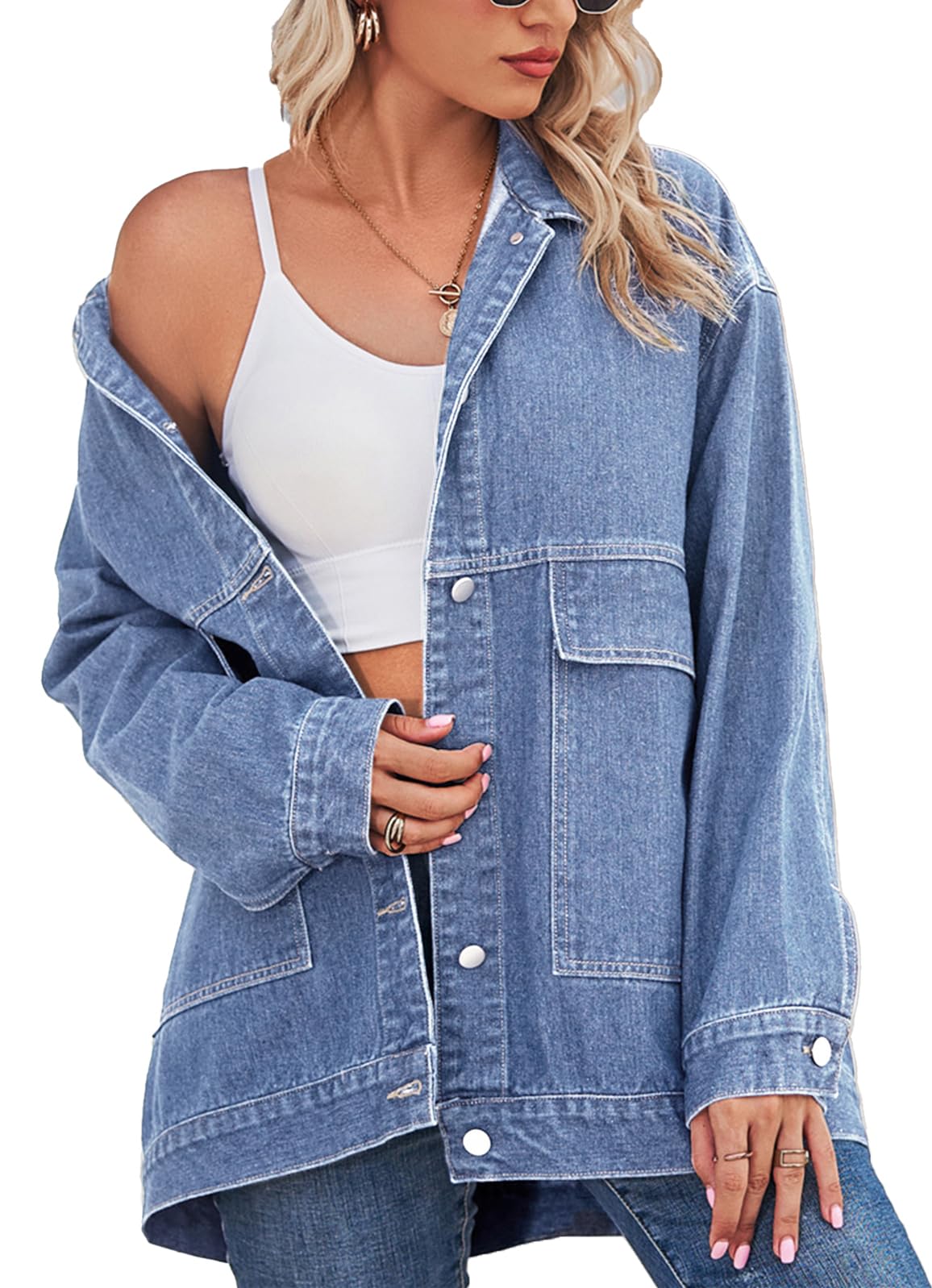 PAODIKUAI Women's Oversized Denim Jacket - Vintage Long Sleeve Jean Coat with Pockets | Casual Streetwear, Fall Fashion, Layering Outfit for Daily Wear & Outdoor Activities