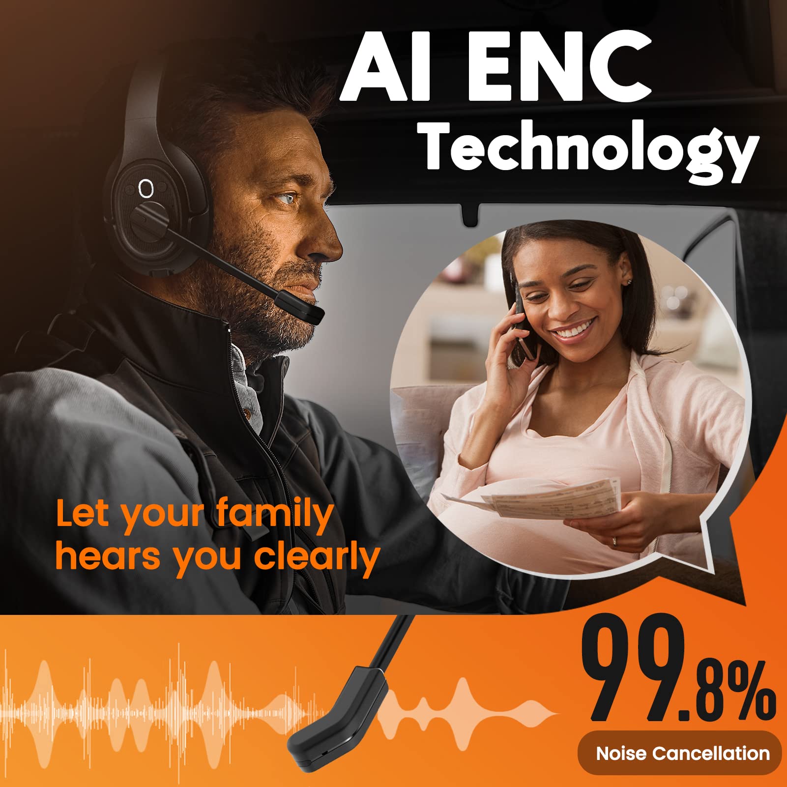 Trucker Bluetooth Headset - Wireless Over-Ear Headphones with AI Noise Cancelling & Mute Mic, 30H Talk Time, 164ft Range for PC, Computer, Skype - Perfect for Call Centers, Truck Driving & Remote Work