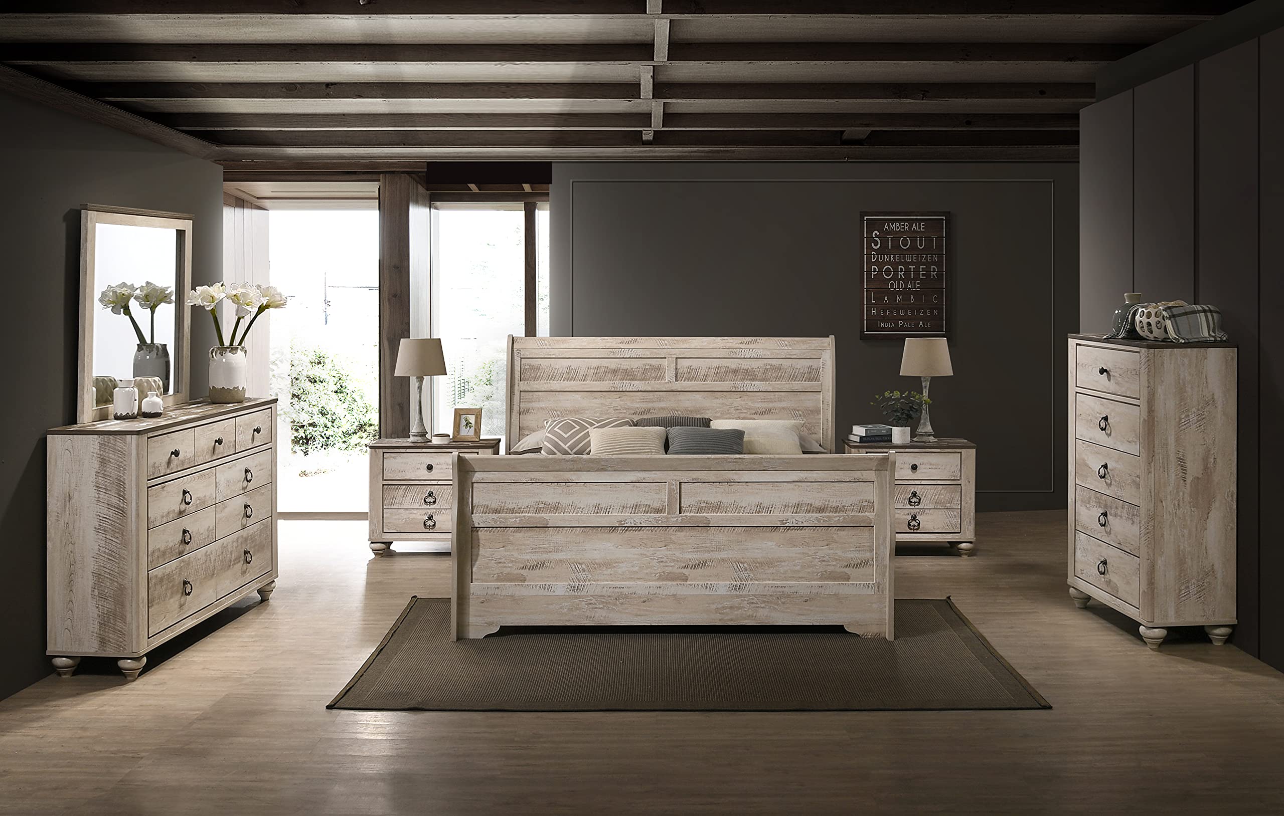 Roundhill Furniture Imerland 6-Piece King Size Sleigh Bedroom Set with White-Washed Finish - Perfect for Master Bedrooms & Guest Rooms