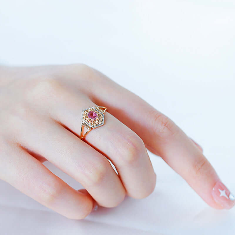 Vintage Pink Tourmaline Rhombus Filigree Ring - Elegant Gemstone Jewelry for Women | TB1926 | Perfect for Weddings, Parties & Special Occasions