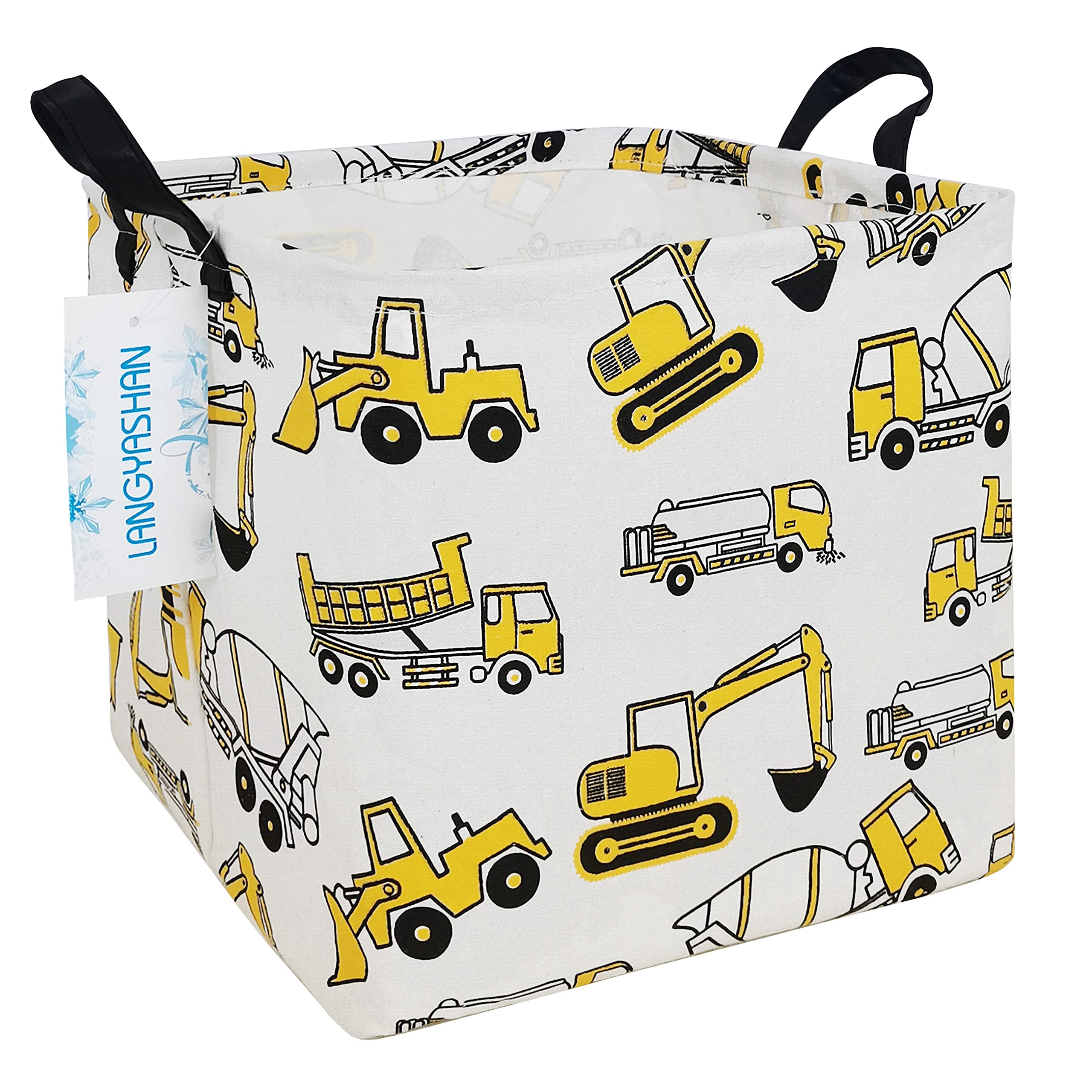 LANGYASHAN Waterproof Canvas Square Storage Baskets - Kids Laundry Hamper, Nursery Toy Organizer, Shelves Decor Gift Basket (Square Excavator Design) - Perfect for Baby Room, Playroom & Closet Organization
