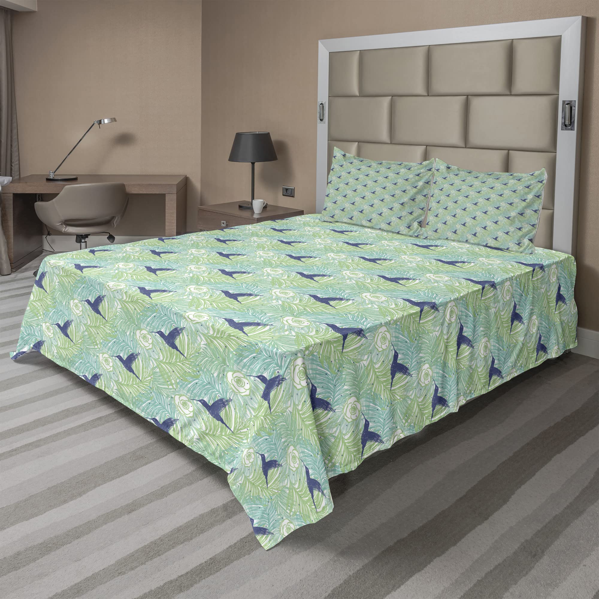 Ambesonne Exotic 4-Piece King Sheet Set - Vibrant Palm Leaves, Tropical Flowers & Bird Silhouettes Design - Lavender & Green Bedding (Fitted Sheet, Flat Sheet, 2 Pillowcases) - Perfect for Beach House, Boho Bedroom or Tropical-Themed Decor