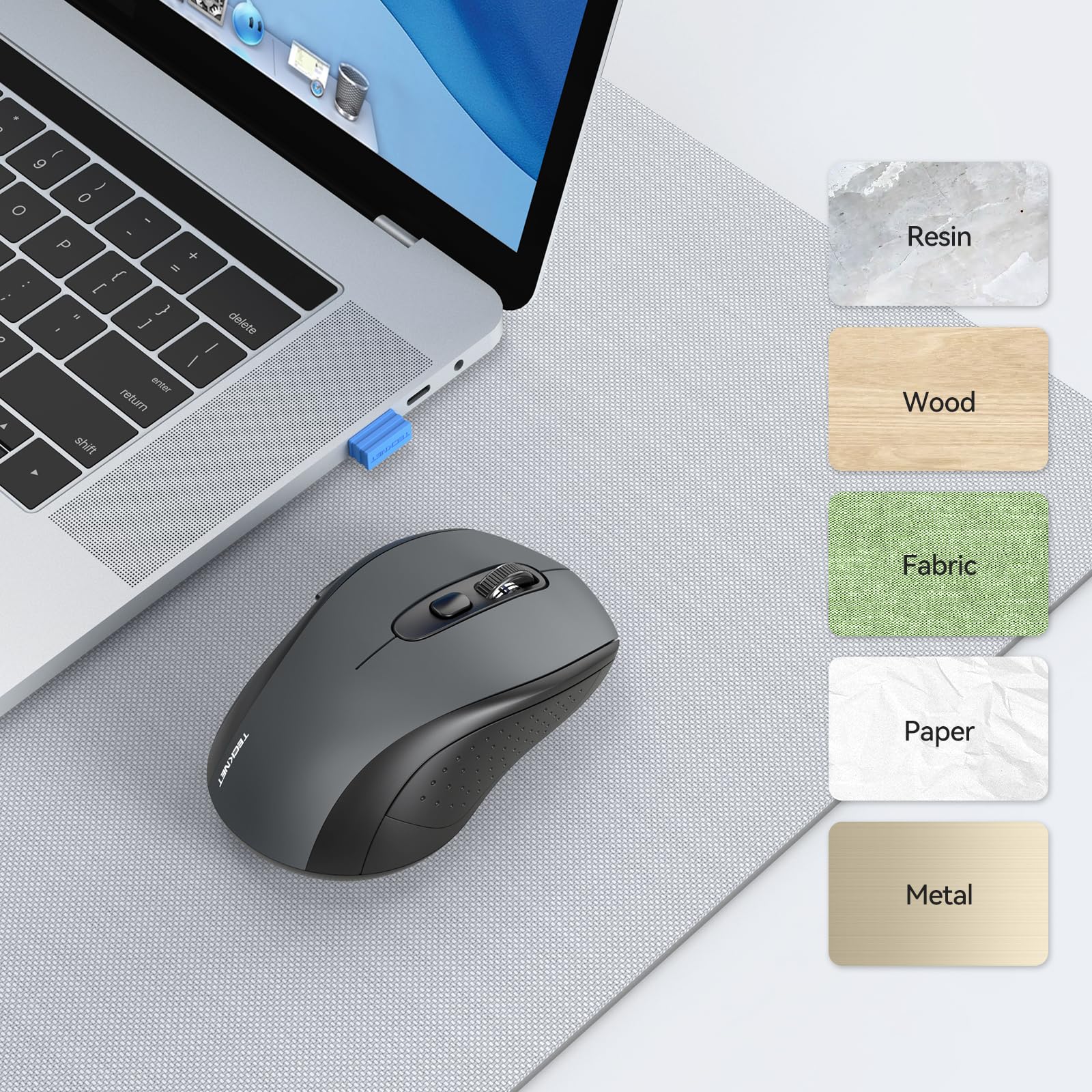 TECKNET Bluetooth Wireless Mouse - 3 Modes (Bluetooth 5.0/3.0 & 2.4G) with 4000 DPI, USB Nano Receiver, Compatible with Laptop, MacBook Pro/Air, PC - Portable Optical Mouse for Office, Travel & Home Use (Grey)
