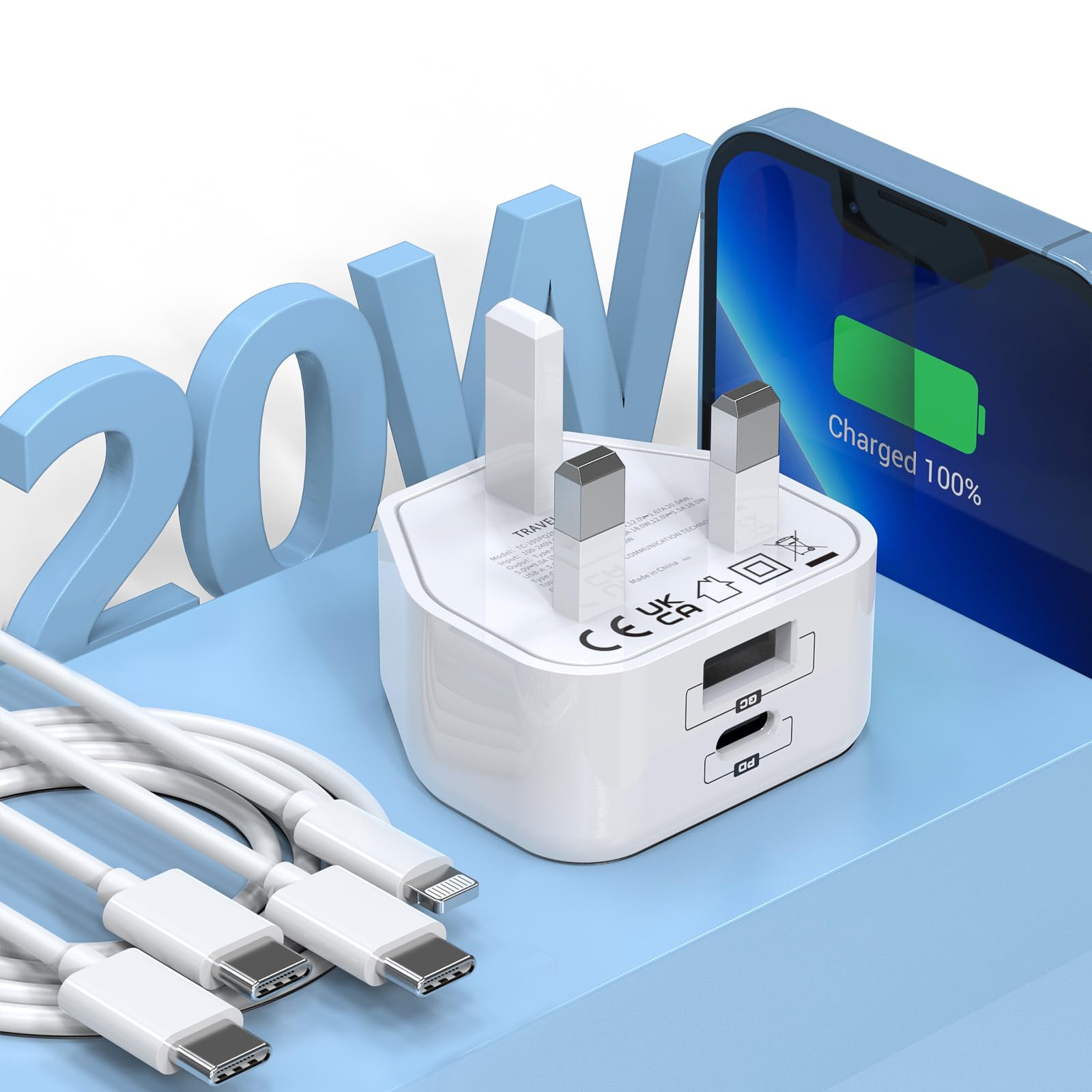 Elktry 20W Fast Charger for iPhone 15 14 13 12 Pro Max & iPad Pro - USB C to Lightning Cable (6.6ft) & Wall Plug - Quick Charge Compatible with iPhone Accessories - Perfect for Home, Office & Travel Charging