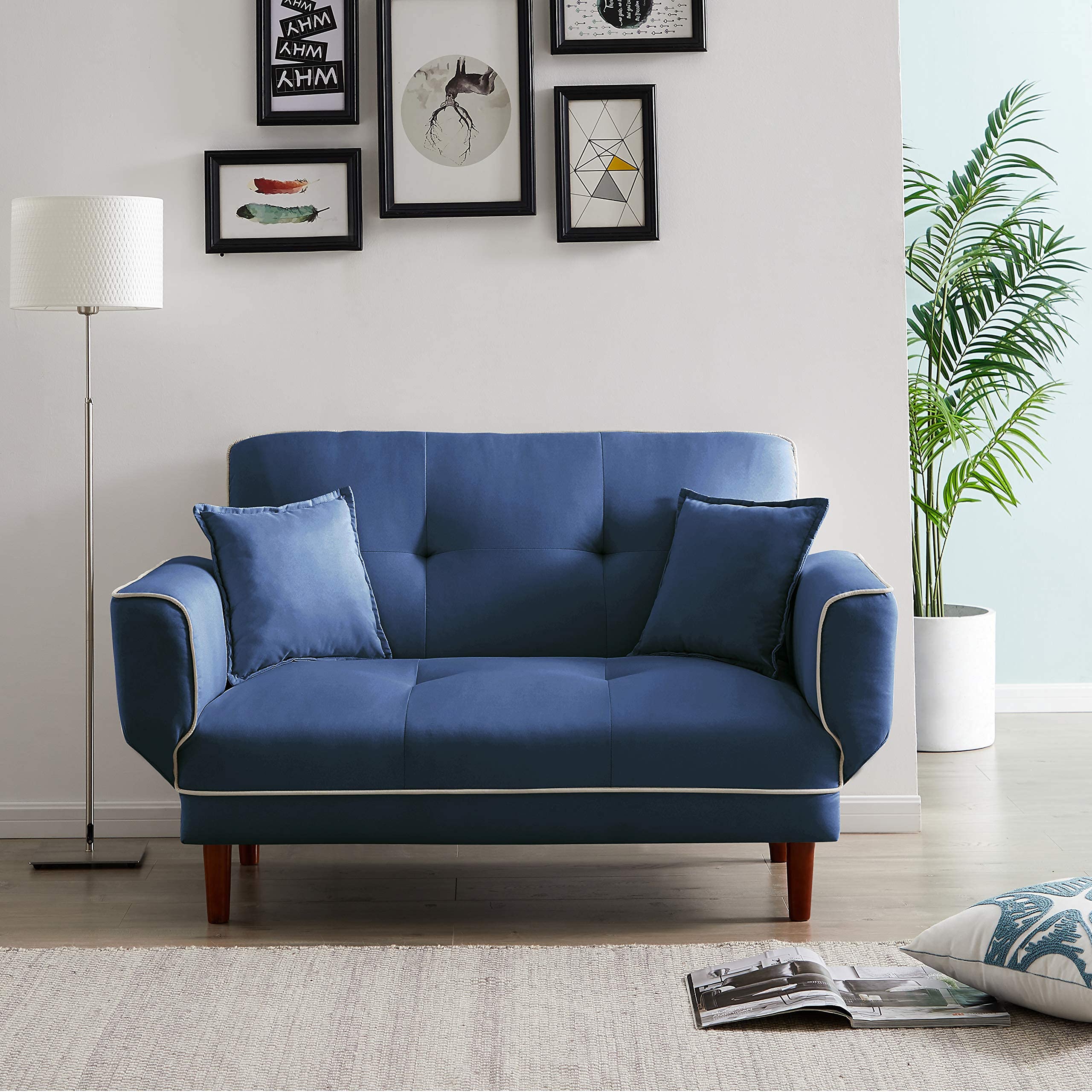 Convertible Futon Sofa Bed with 2 Pillows - Loveseat Sleeper Sofa & Recliner Couch - Adjustable Armrests & Wood Legs - 5-Angle Backrest - Space Saving Living Room Furniture for Small Apartments, Guest Rooms & Home Offices