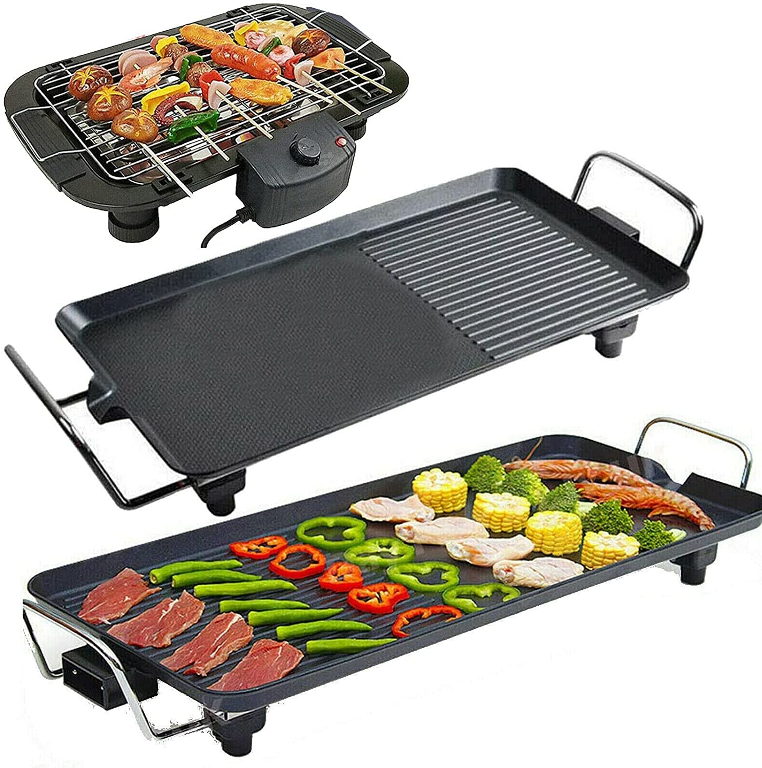 OUSS 1500W Electric Grill Pan - Smokeless Non-Stick Teppanyaki Hot Plate with Easy Clean Surface, Large 22.7 Inch BBQ Grill for Indoor/Outdoor Cooking - Perfect for Party, Camping, Festival & Home Use (X-Large Size)