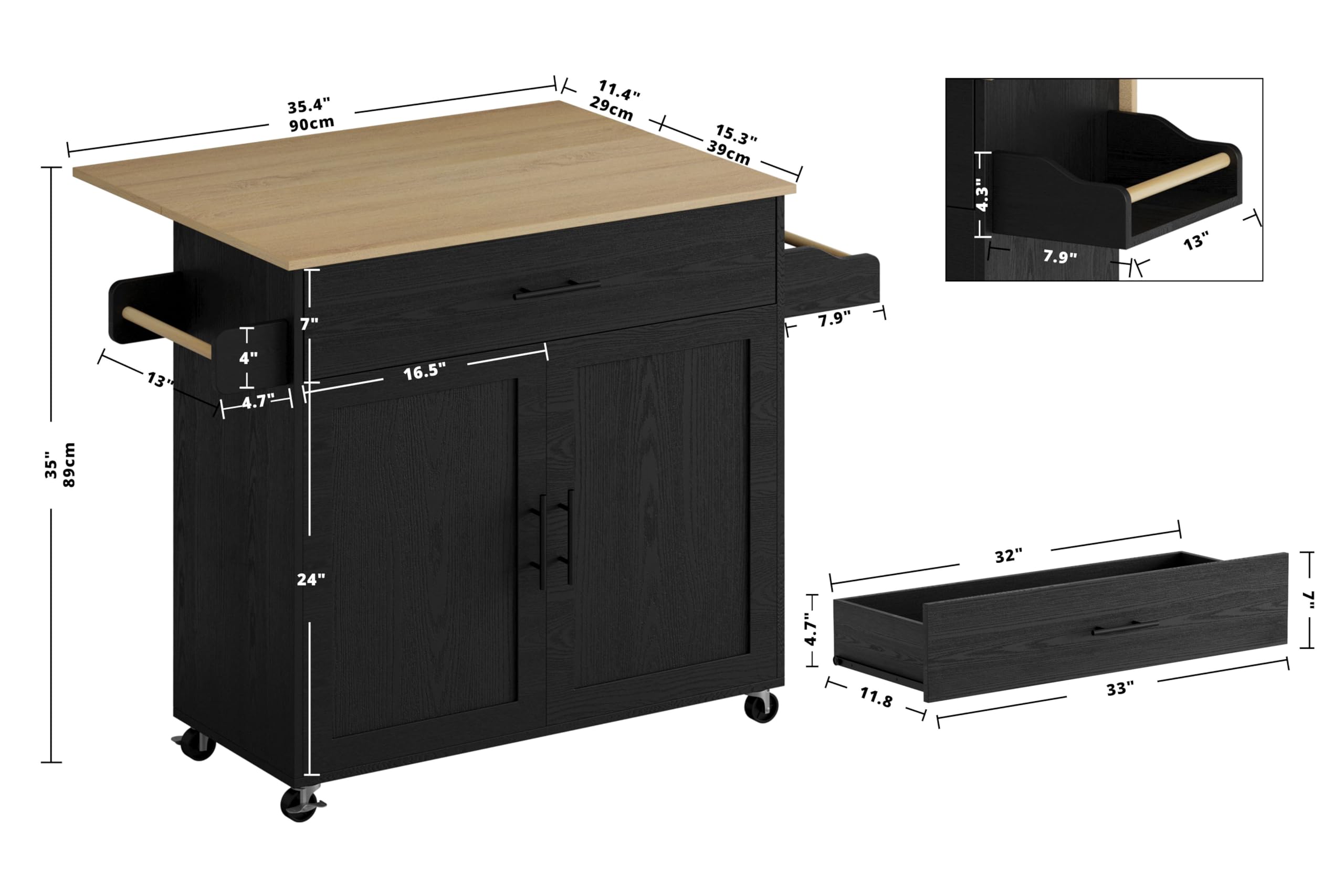 IRONCK Black Kitchen Island Cart with Storage - Rolling Mobile Kitchen Island with Drop Leaf, Charging Station, 3-Tier Spice Rack, Cabinet & Drawer - Perfect for Small Kitchens, Dining Areas & Food Prep Stations