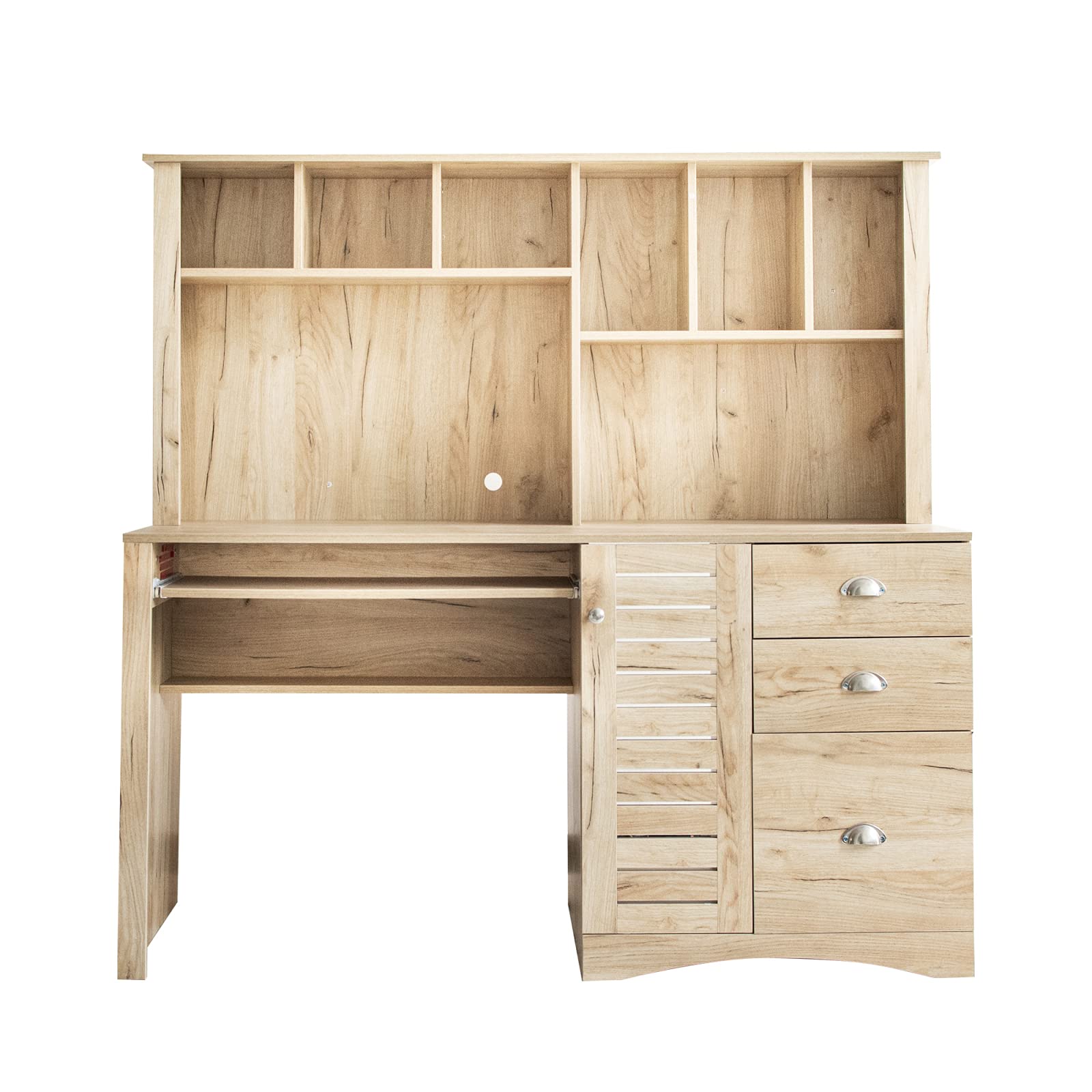 Modern Oak Computer Desk with Keyboard Tray & Bookshelf - 3 Storage Drawers, Open Shelf & File Cabinet - Home Office Writing Desk for Notebook Computers | Perfect for Small Spaces, Remote Work & Study Areas