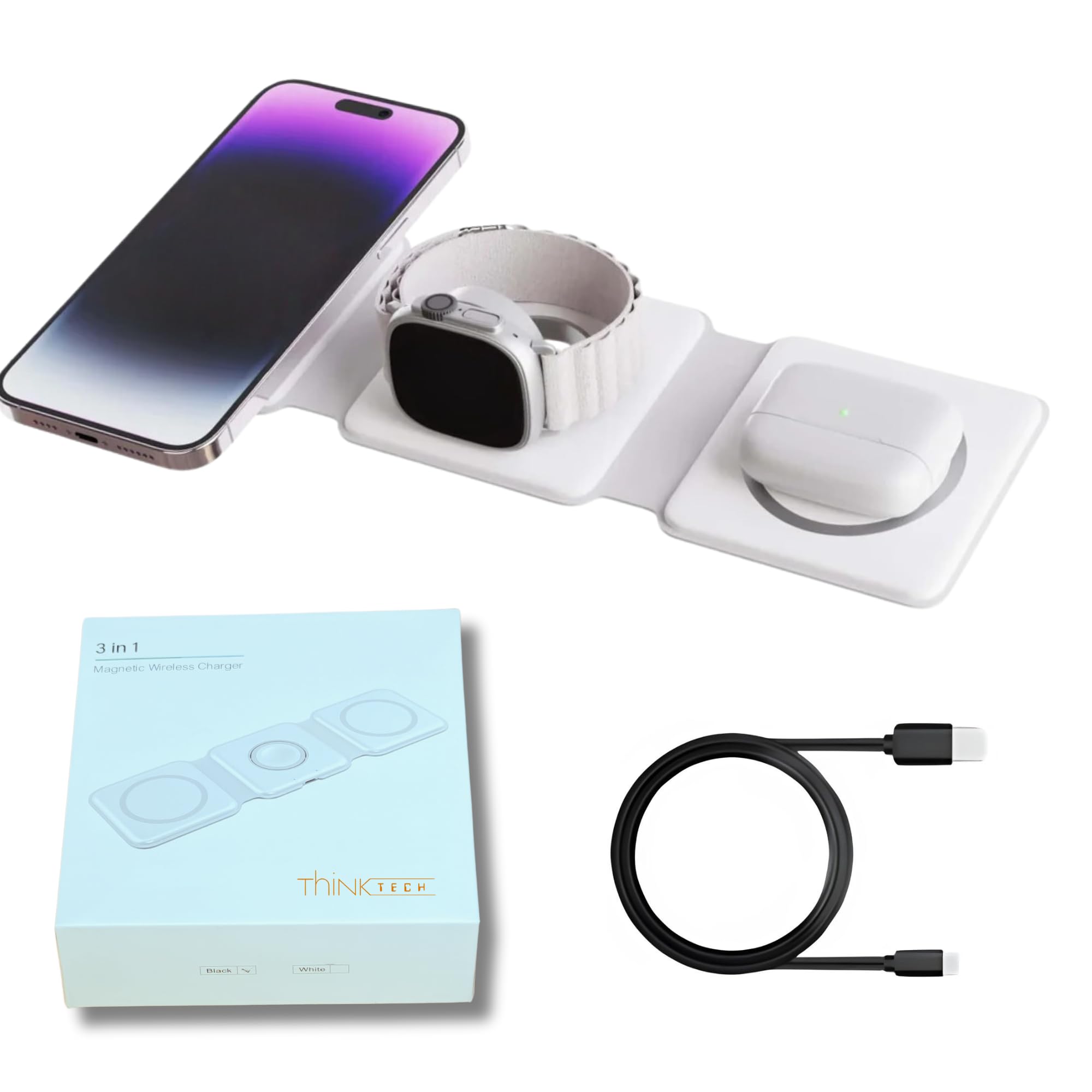 3-in-1 Wireless Charging Station for iPhone, AirPods & Apple Watch | Fast Qi-Certified Charger with MagSafe | Portable Travel Charging Dock for Office, Bedside & Car Use