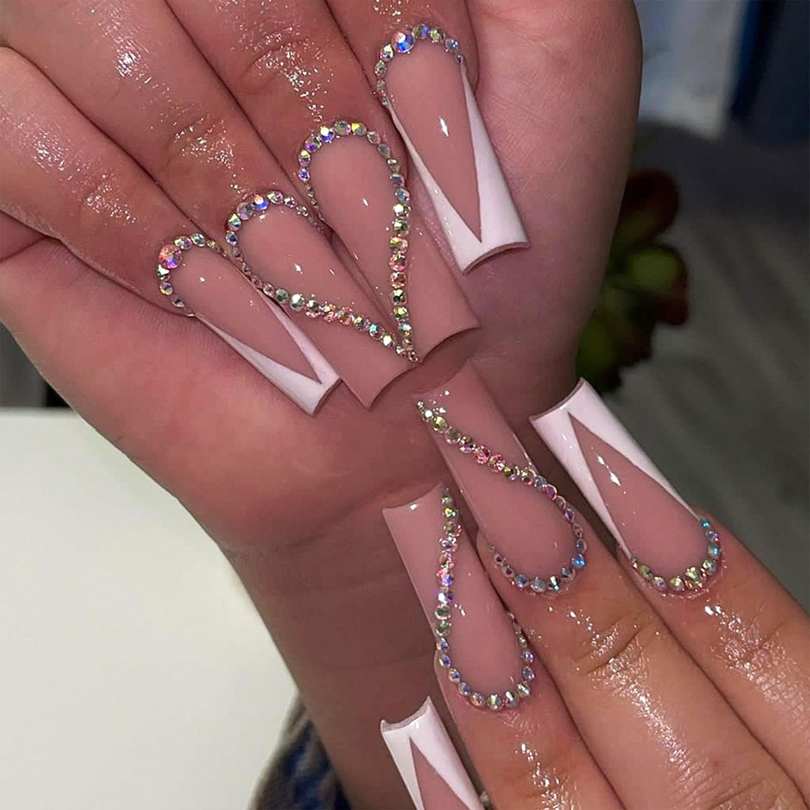 White French Tip Press on Nails - 24PCS Long Square Acrylic Fake Nails with Heart Rhinestone Design, Full Cover Glue on Nails for Women (Walnut Color) | Perfect for Parties, Weddings, and Special Occasions