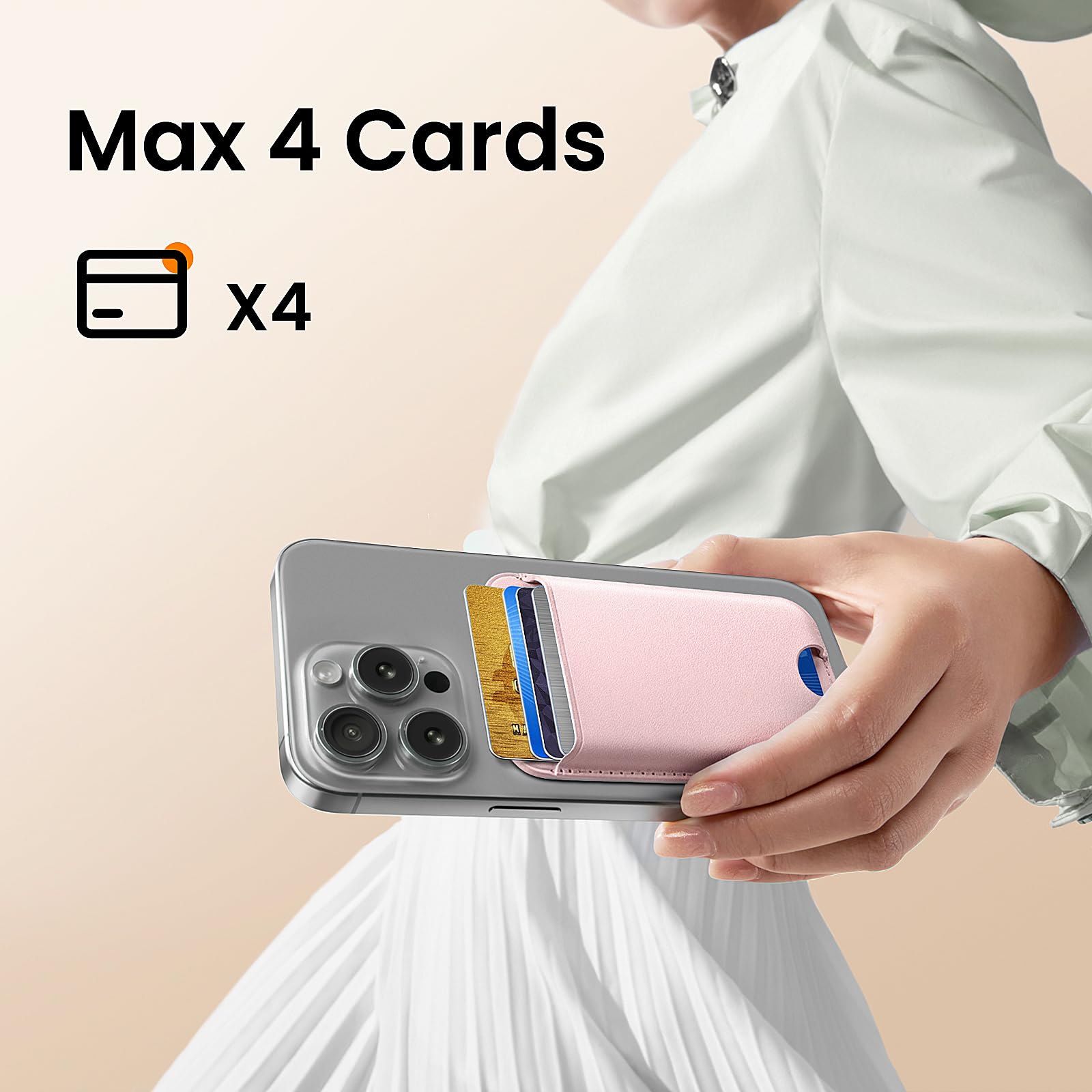 Premium Leather Phone Card Holder Stick On with Strong Adhesive - RFID Blocking Credit Card Wallet for iPhone, Samsung & Android (Holds 4 Cards, Light Pink) - Perfect for Travel, Shopping & Everyday Convenience