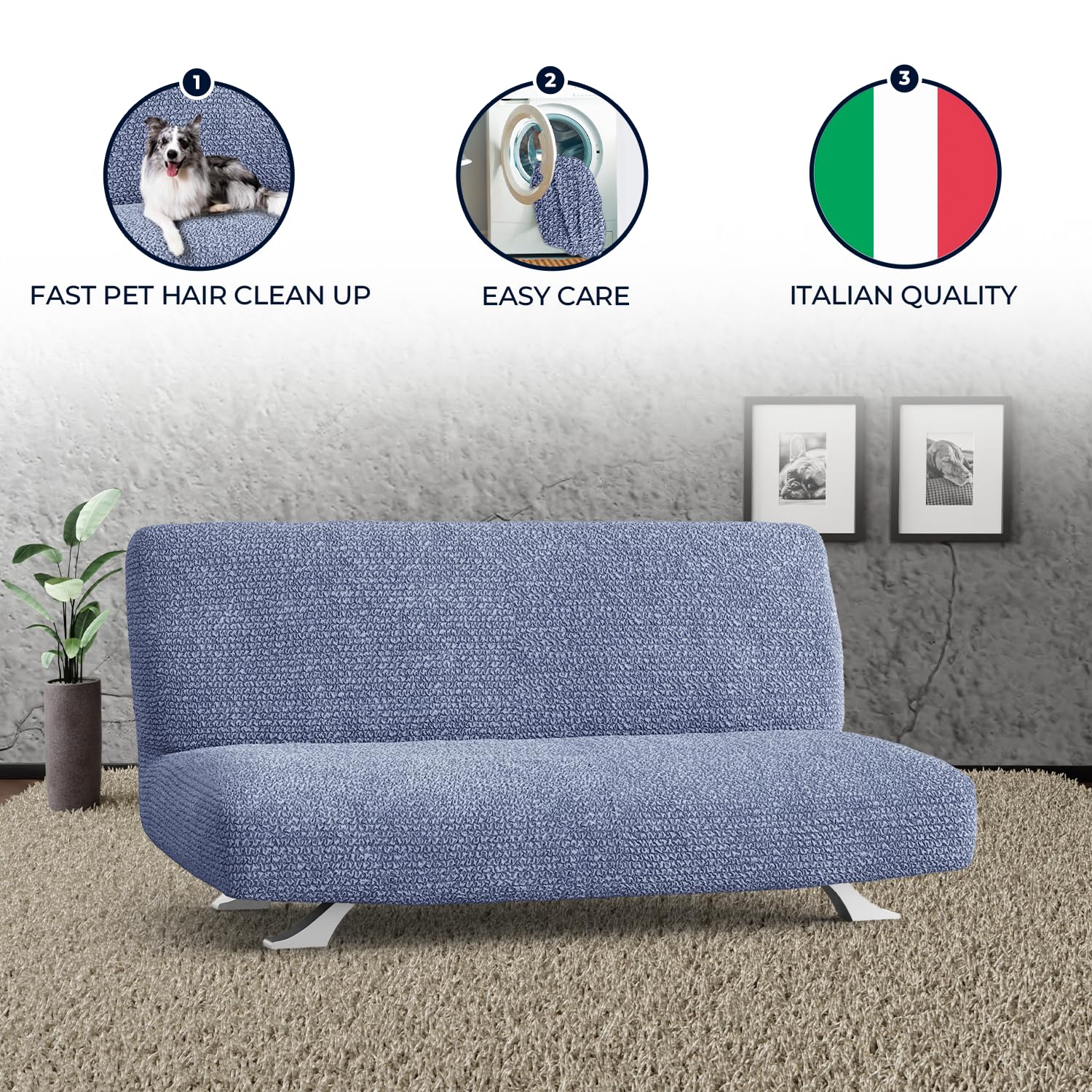 PAULATO BY GA.I.CO. Stretch Futon Cover - Armless Sofa Bed Slipcover, Soft Microfiber Fabric, 1-Piece Form Fit Protector for Kids & Pets - Blue | Perfect for Living Rooms, Dorms & Guest Rooms