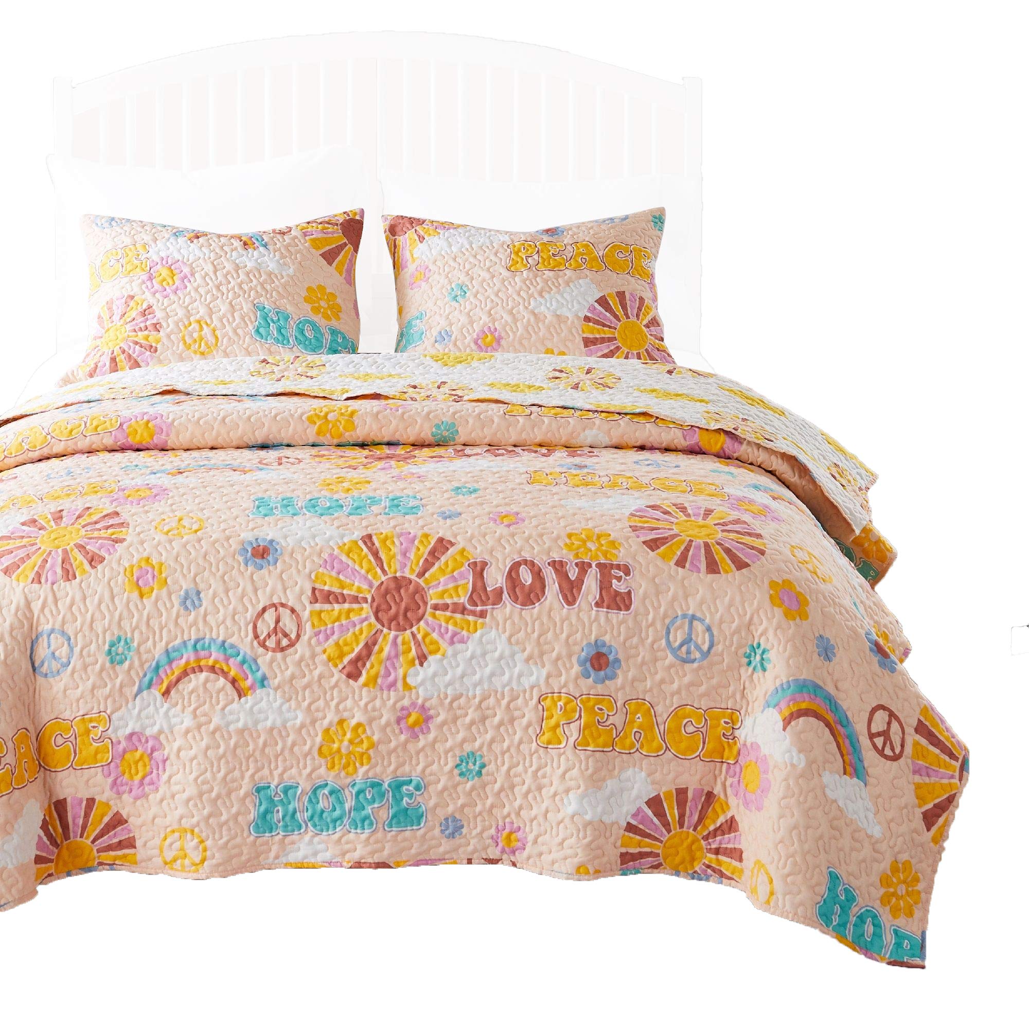 Benjara Berlin 3-Piece Microfiber Queen Quilt Set - Rainbow & Cloud Design in Beige | Soft Bedding for Cozy Bedrooms & Guest Rooms