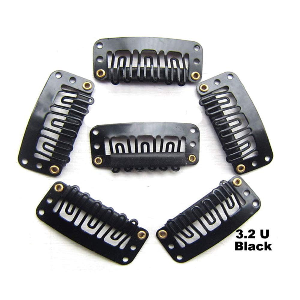 50Pcs 32mm Snap Wig Clips for Hair Extensions - I Shape 6 Teeth Black Hair Extension Clips with 30 Assorted Sewing Needles & 2 Rolls Thread (Black) - Perfect for DIY Hair Styling, Cosplay & Salon Use