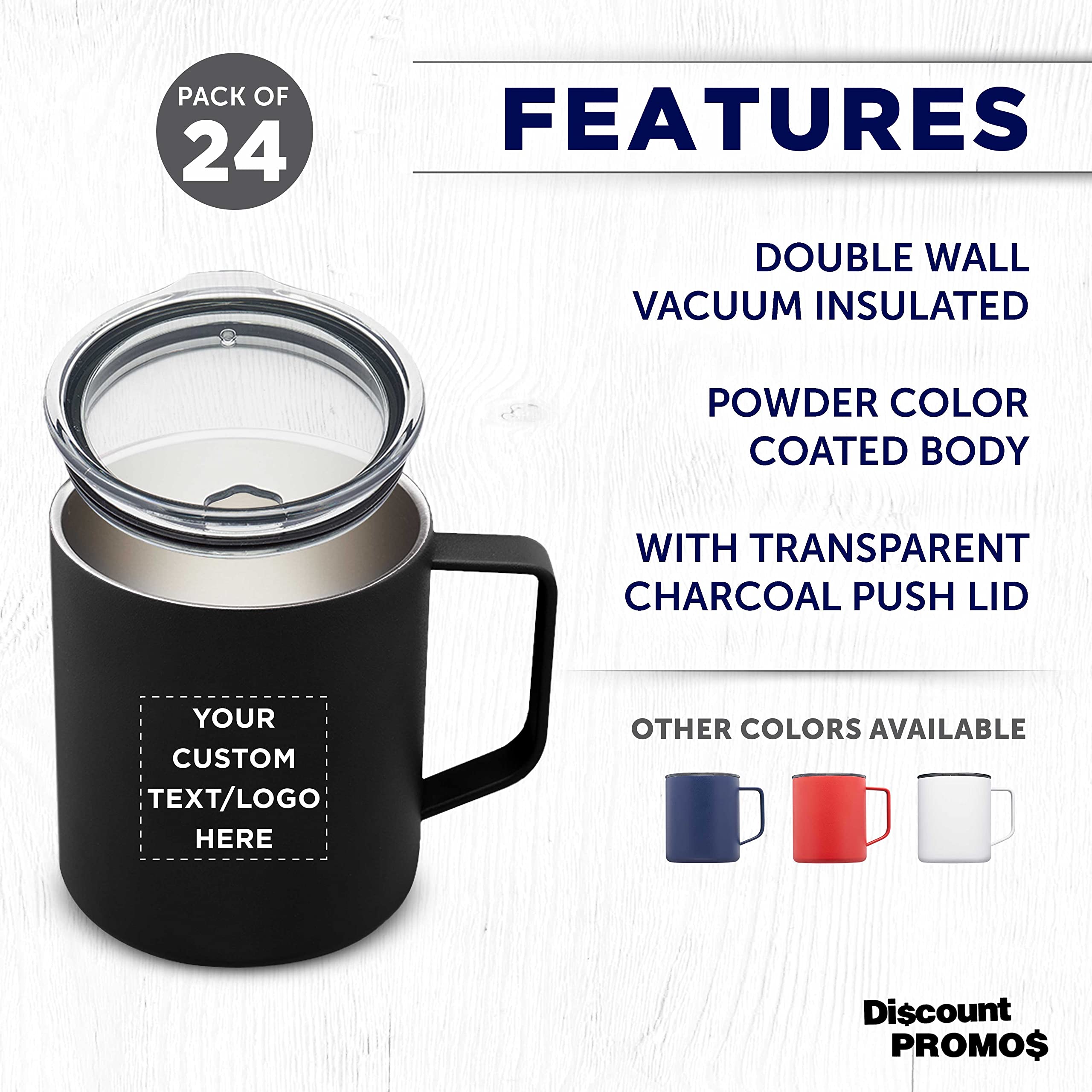 Custom Kenai Powder Coated Travel Mugs 13.5 oz - Set of 24 Insulated Stainless Steel Cups with Personalized Bulk Pack - Double Wall Vacuum Insulation for Coffee, Tea, Hot Cocoa & Cold Drinks - Perfect for Office, Camping, Travel & Gifts - Black