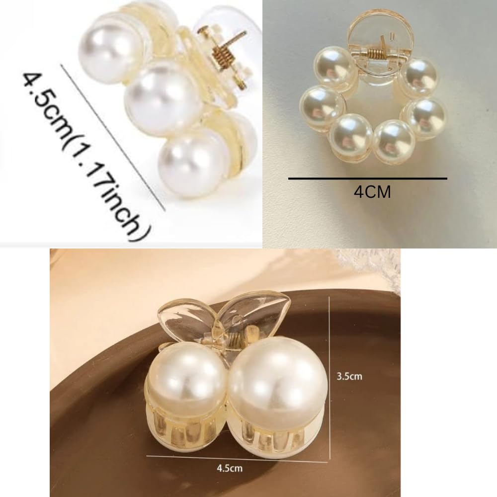 RSJ TRADERS Korean 3-Piece Big Pearl Hair Claw Clips - 4.5cm Plastic Hair Clips for Women, Strong Hold Barrettes for Thick & Thin Hair - Perfect for Updos, Ponytails & Everyday Styling