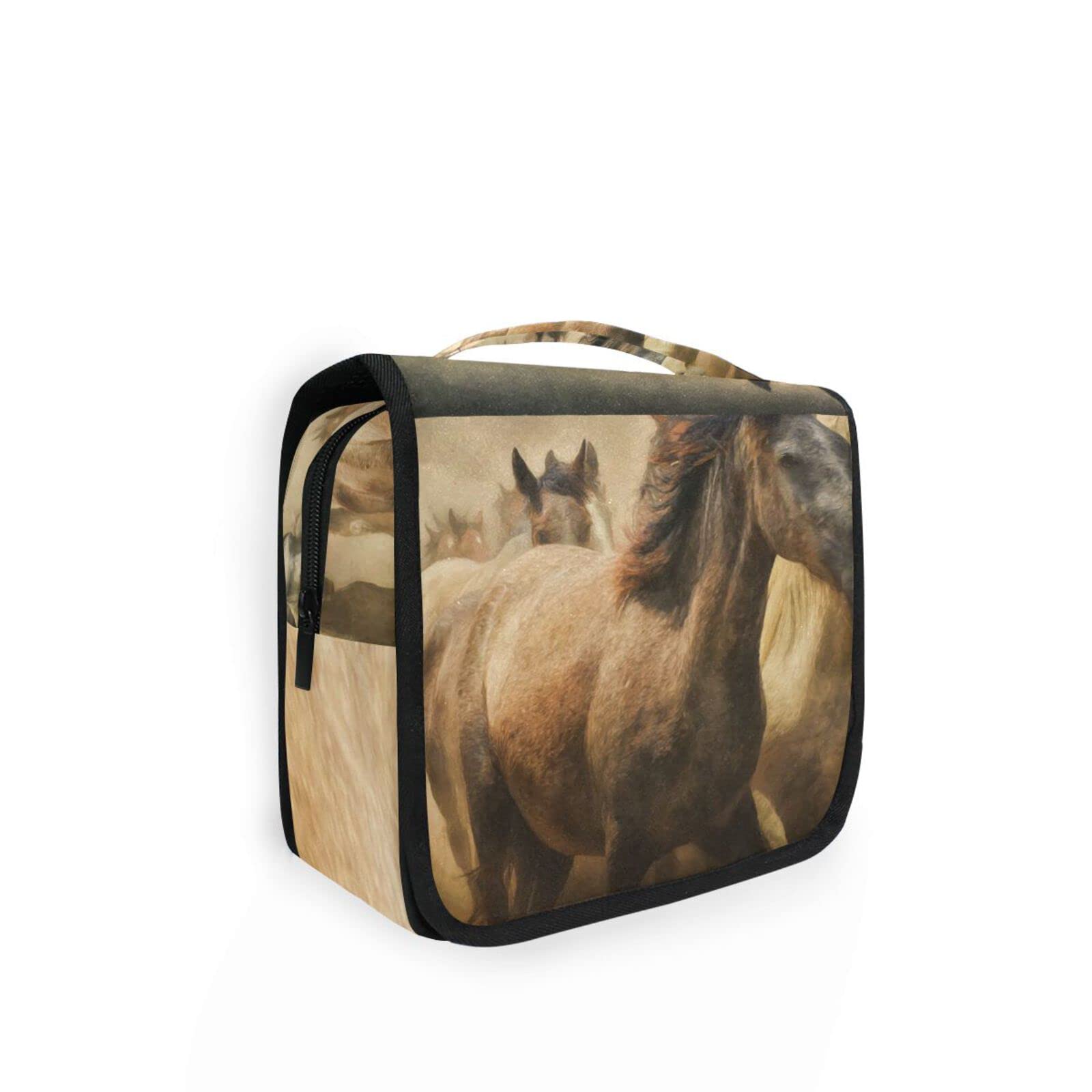 Premium Travel Toiletry Bag with Running Horses Art - Hanging Cosmetic Organizer for Women & Men - Perfect for Vacation, Gym & Daily Makeup Storage