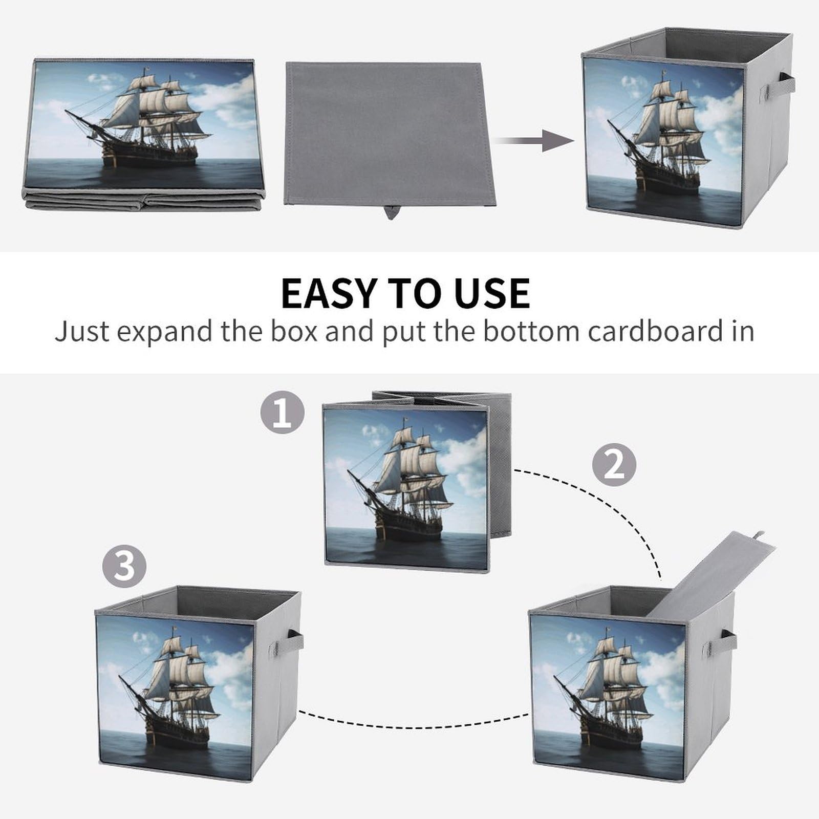 Large Collapsible Storage Bins with Handles - 2-Pack Old Sailing Ship Design Fabric Storage Cubes for Closet, Home & Office Organization | Perfect for Bedroom, Kids' Room & Dorm Storage Solutions