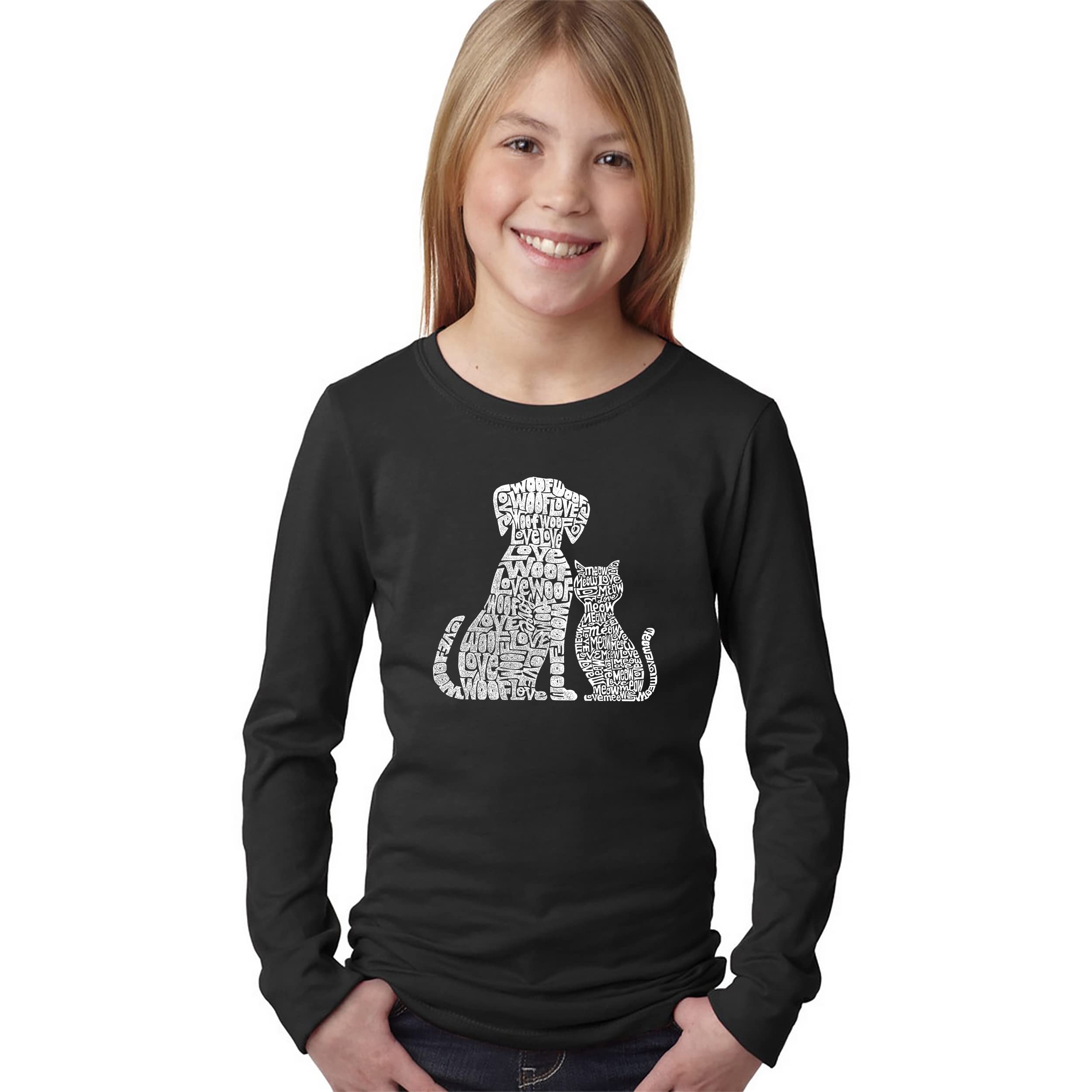 LA Pop Art Girl's Word Art Long Sleeve T-Shirt - Cute Dog and Cat Design | Trendy Graphic Tee for Women | Perfect for Casual Wear, Street Style & Gift Giving