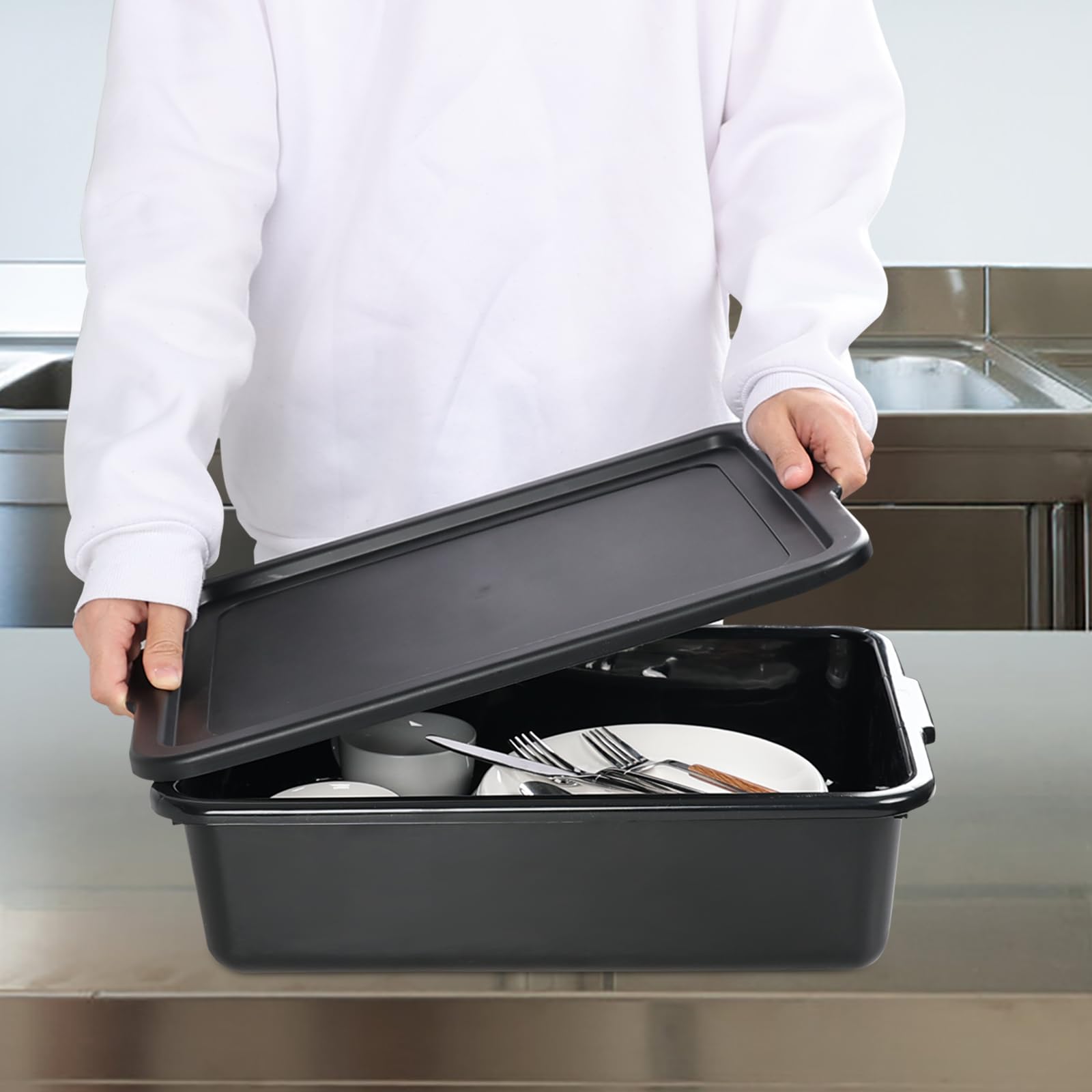 Black Commercial Tote Box with Lid - 13L Heavy Duty Bus Tubs for Restaurant & Catering (3-Pack) - Perfect for Food Service, Storage & Organization