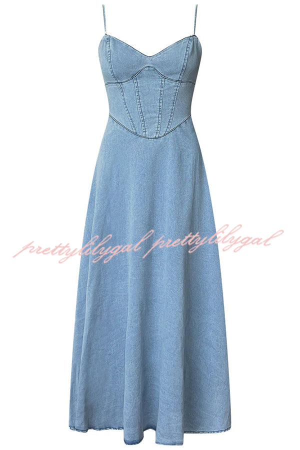 Stylish Solid Color Sleeveless Suspender Pleated Back Faux Denim Midi Dress for Women | Casual Summer Outfit, Party Wear & Office Attire