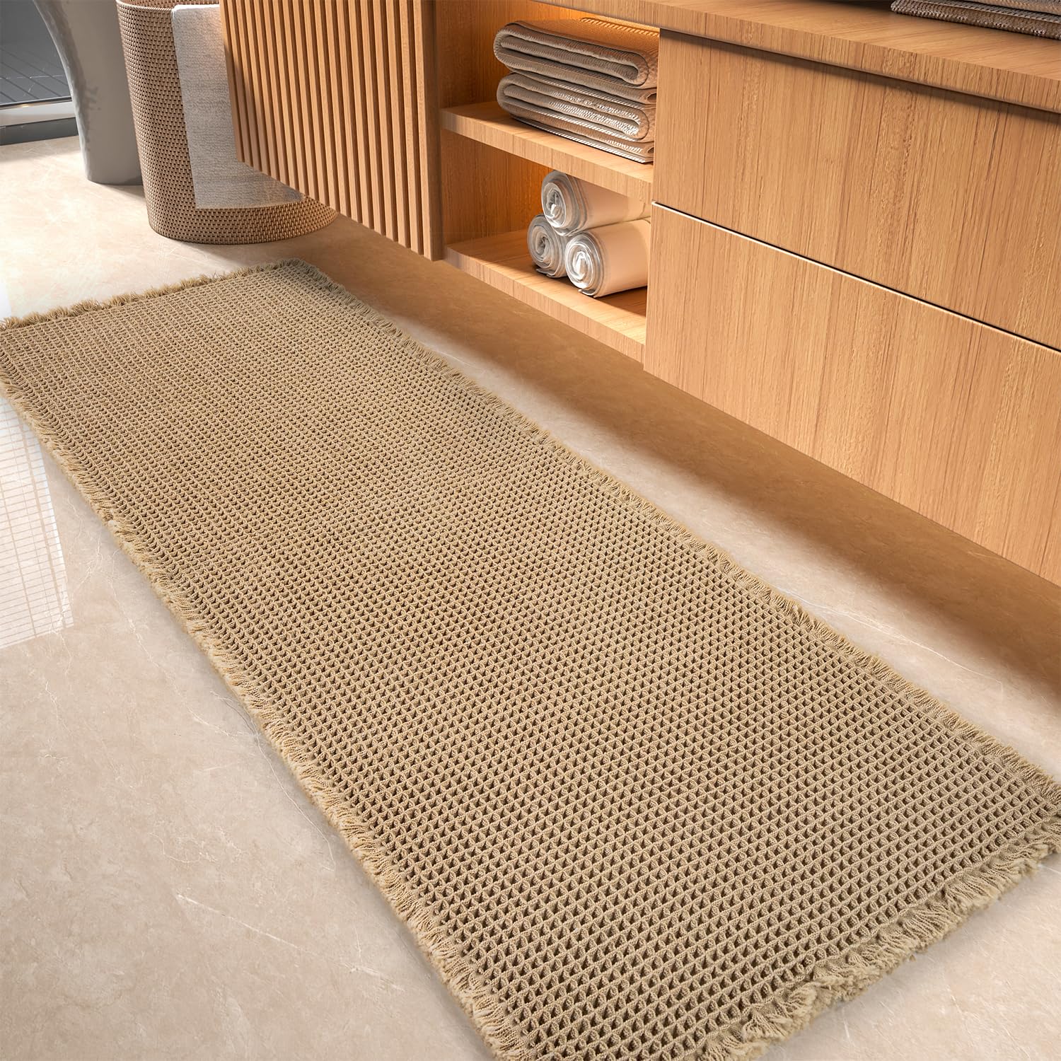 Tchdio Waffle Bath Mat Runner Rug - Super Absorbent, Non-Slip Bathroom Rug, Machine Washable with Tassels, 2' x 6' - Perfect for Bathroom Floors, Beside Tub, and Shower Areas