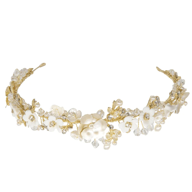 Elegant Gold Floral Wedding Headband with Crystals - Bridal Hair Accessory for Weddings, Prom & Special Occasions (Style 7837)