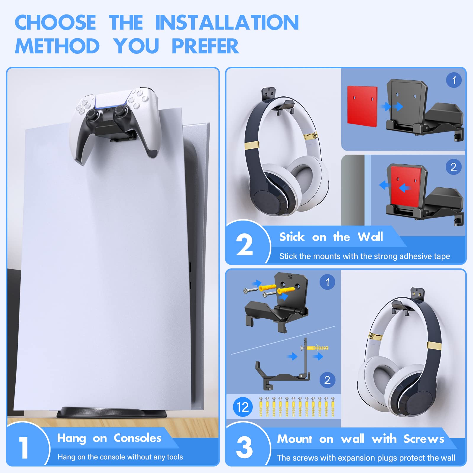 Universal Controller Wall Mount Holder for PS5 Pro/Slim, Nintendo Switch - Strong Adhesive & Screw Mount Headset Hanger Hook - 6 Pack - Perfect for Gaming Room Organization & Headphone Storage