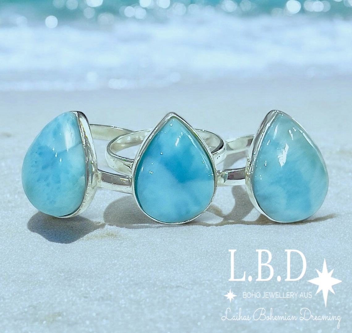 Laihas Rejuvenating Larimar Ring - Natural Blue Gemstone Jewelry for Women, Healing Crystal Ring for Stress Relief & Positive Energy - Perfect for Meditation, Yoga & Spiritual Gifts
