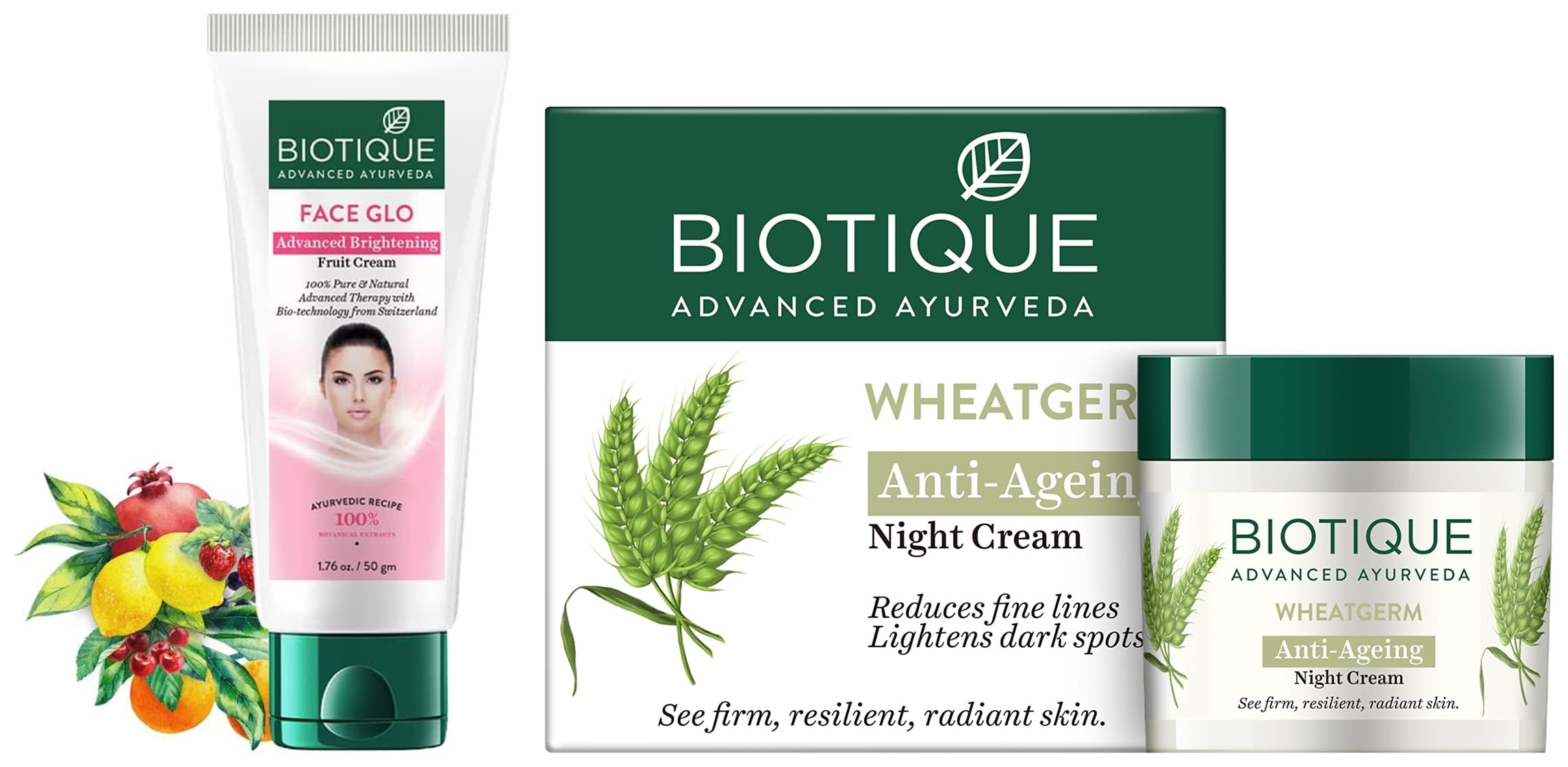 Biotique Bio Wheat Germ Firming Night Cream for Face & Body - 50g for Normal to Dry Skin | Hydrating & Anti-Aging | Perfect for Nighttime Skincare Routine    Biotique Bio White Advanced Fairness Treatment Cream - 50g | Brightening & Even Skin Tone | Ideal for Daily Use & Glowing Complexion