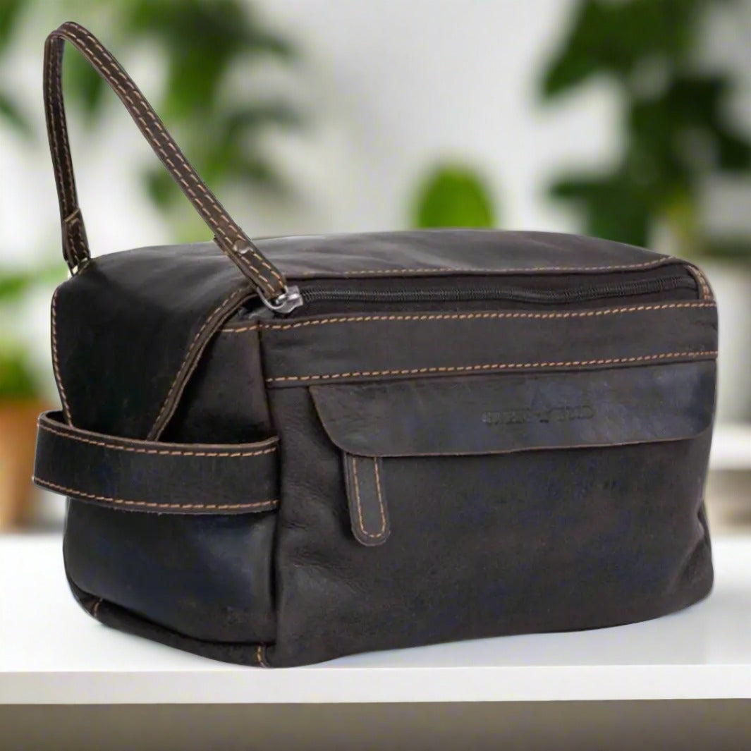 Premium Leather Darwin Travel Wash Bag for Men & Women - Durable Toiletry Organizer for Bathroom, Gym, Camping & Business Trips