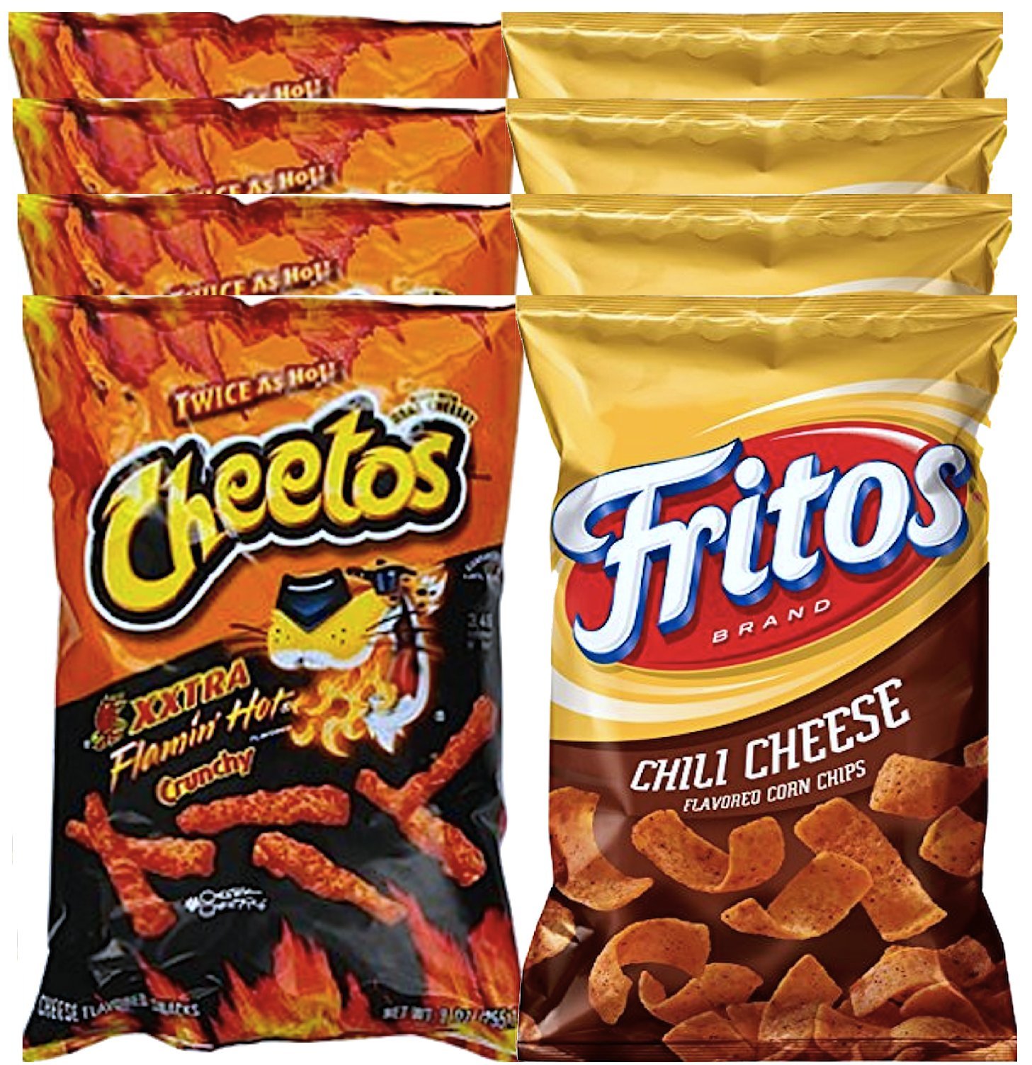 Cheetos Crunchy Xxtra Flamin' Hot & Fritos Chili Cheese Corn Chips - 8-Pack (8 oz Each) | Bulk Snack Care Package for College Students, Military, Sports Teams | Perfect for Dorm Rooms, Care Packages & Game Day Snacks