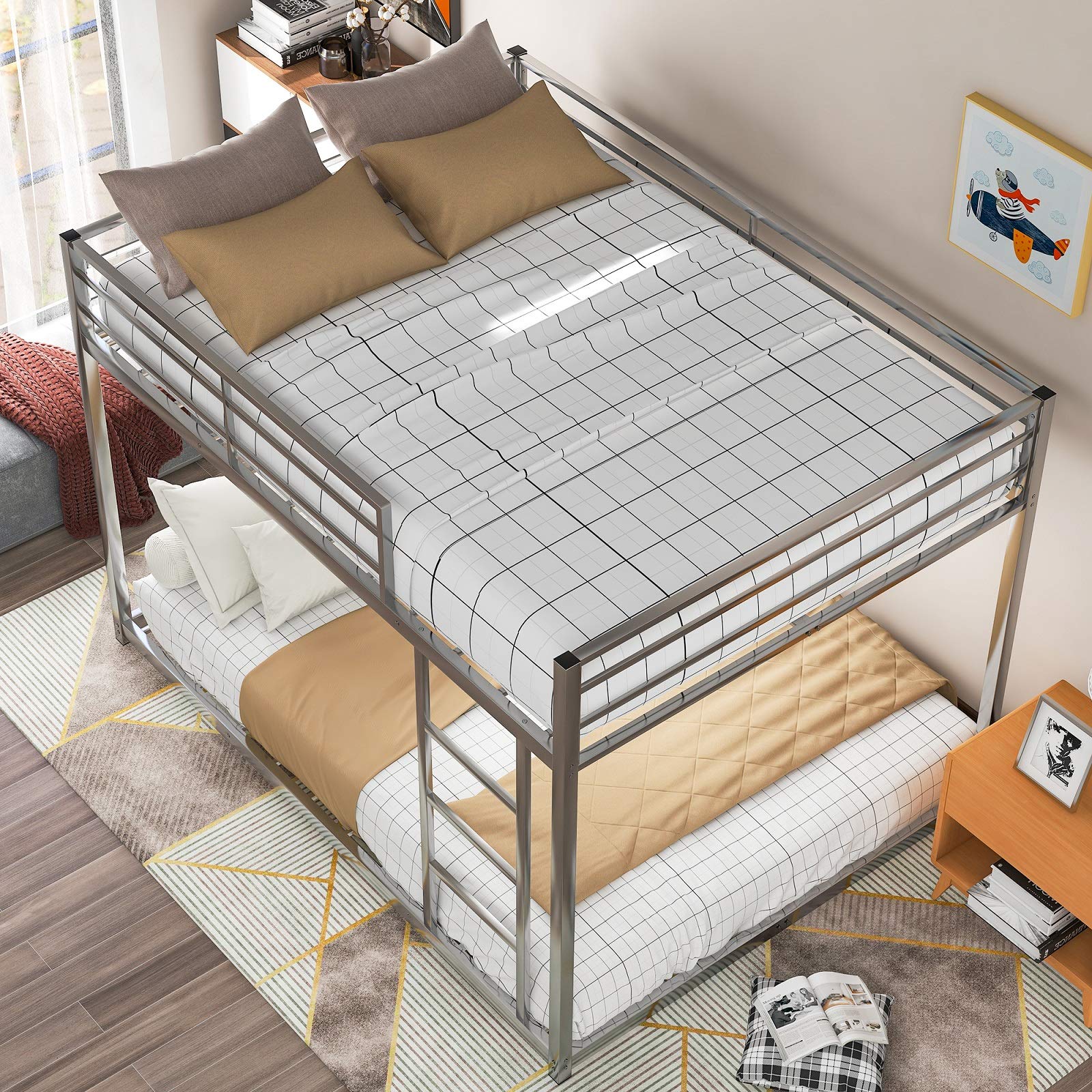 Rhomtree Full Over Full Metal Low Bunk Bed with Ladder - Heavy Duty Space-Saving Bed Frame with Safety Guard Rails for Kids, Teens & Adults - Perfect for Small Bedrooms, Dorms & Guest Rooms (Silver)