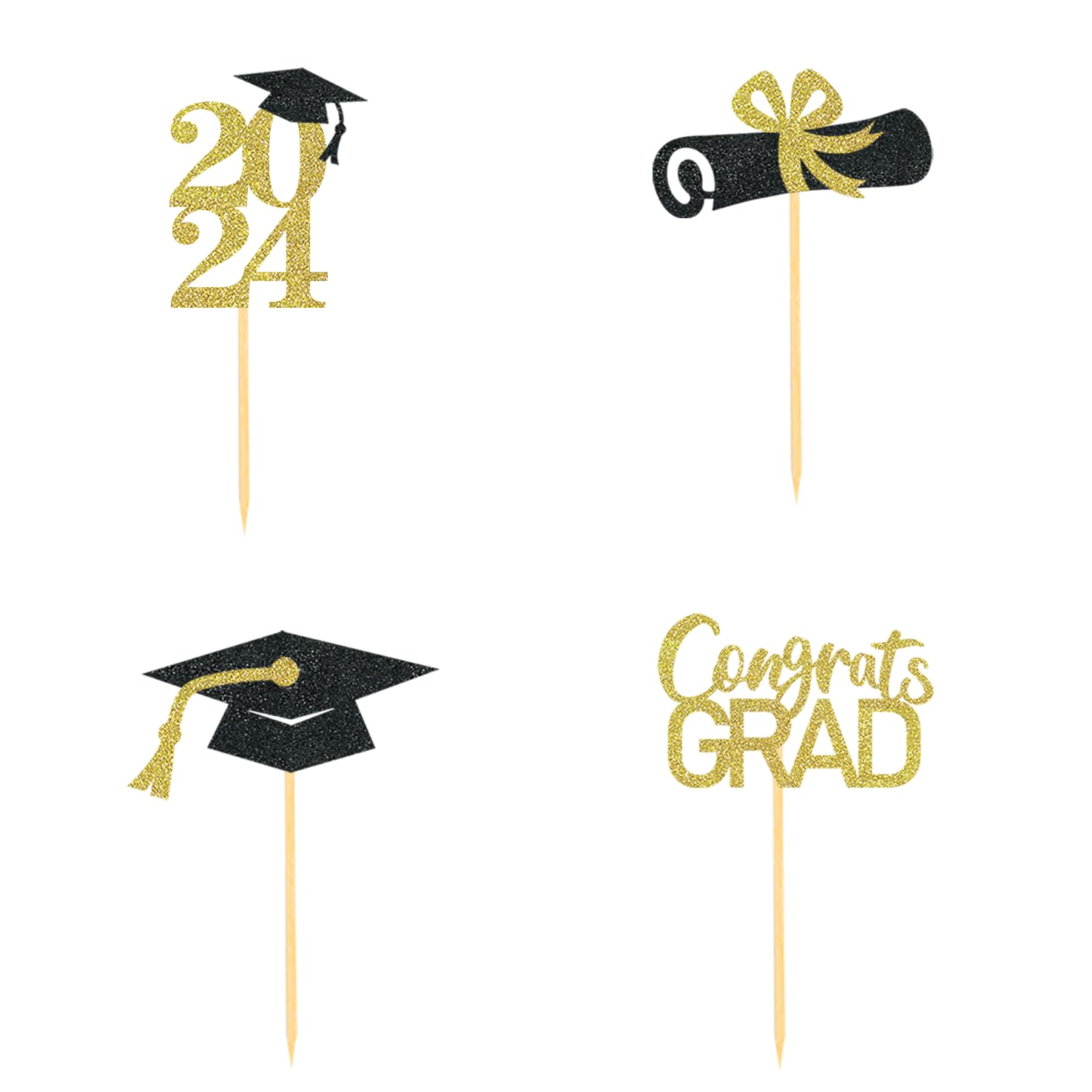 24Pcs Graduation Cupcake Toppers - Class of 2024 Gold Cupcake Picks for Food Decorations | Perfect for Graduation Parties, School Celebrations & Dessert Decor
