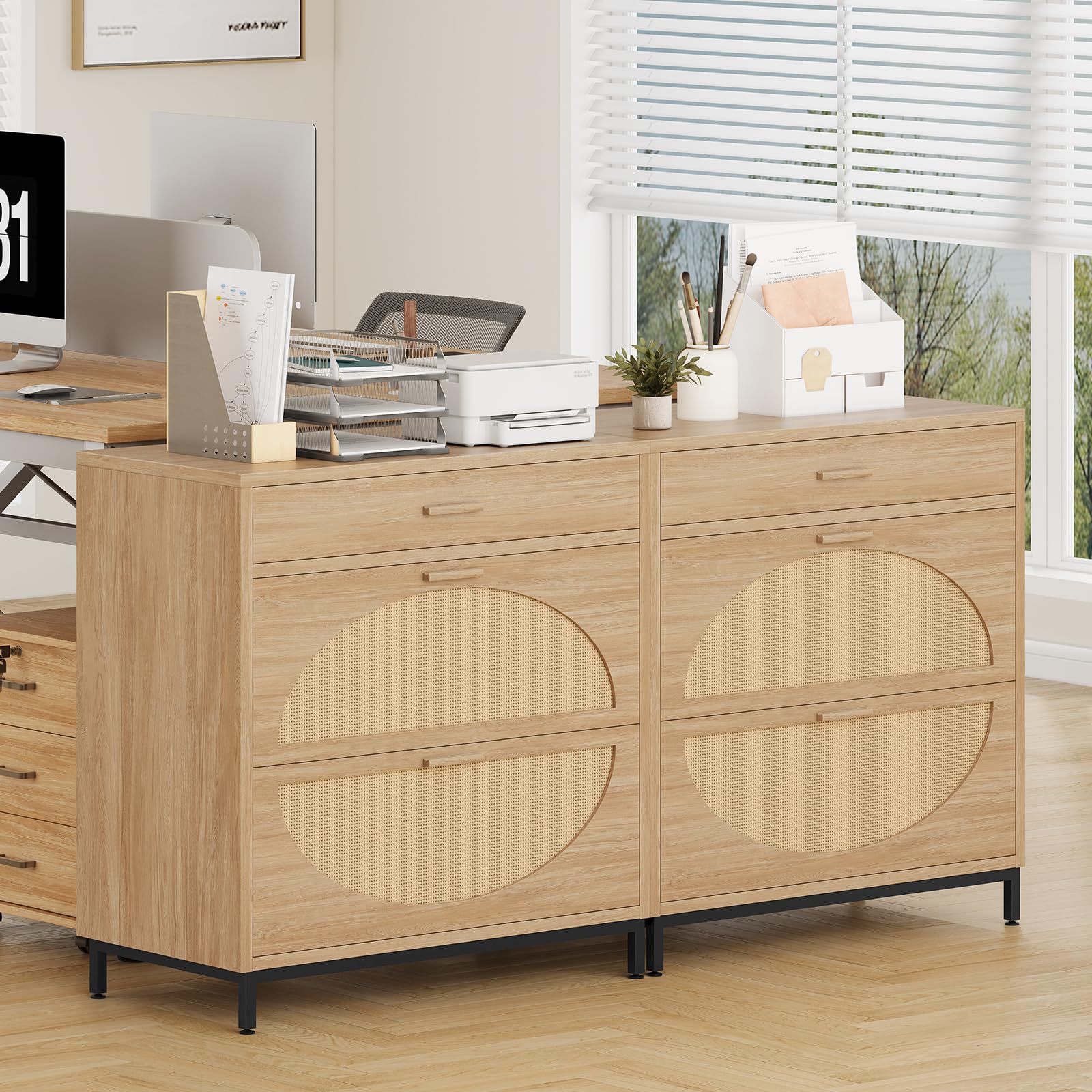 3-Drawer Eco Rattan File Cabinet for Home Office - Letter/Legal/A4 Storage & Printer Stand