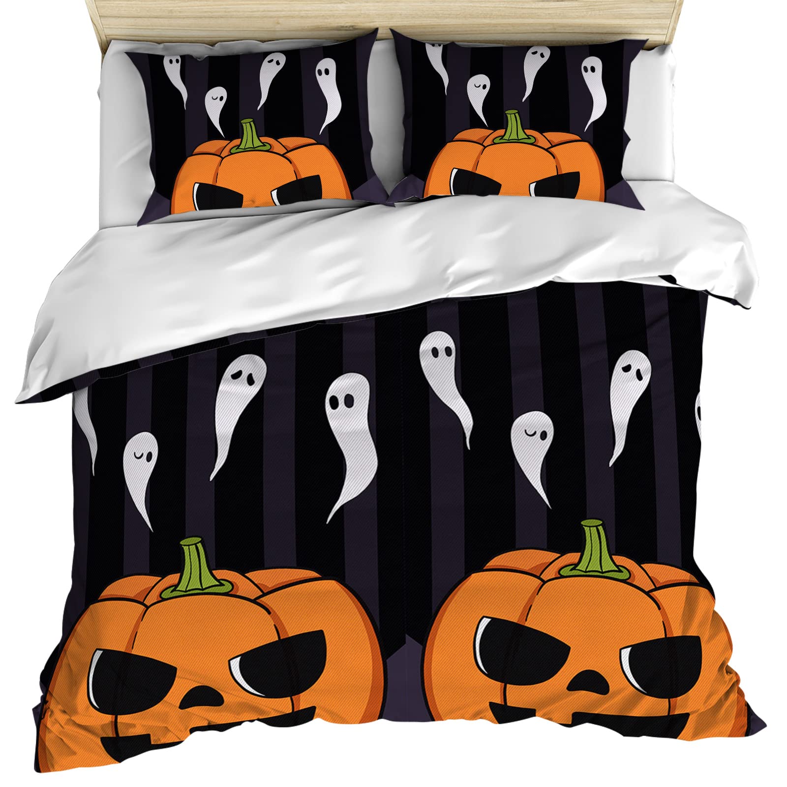3-Piece Halloween Luxury Duvet Cover Set California King - Soft Breathable Microfiber Bedding with 2 Pillowcases (Purple Black Striped Horror Pumpkin Ghost) for Kids, Teens & Adults - Perfect for Spooky Bedroom Decor & Holiday Gift Giving