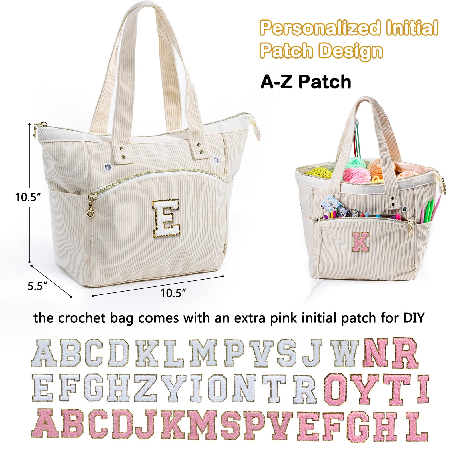 Personalized Crochet Tote Bag - Corduroy Yarn Storage Organizer for Knitting Hooks & Accessories - Perfect Knitting Project Bag & Gift for Crochet Lovers - Ideal for Crafting, Travel & Daily Use
