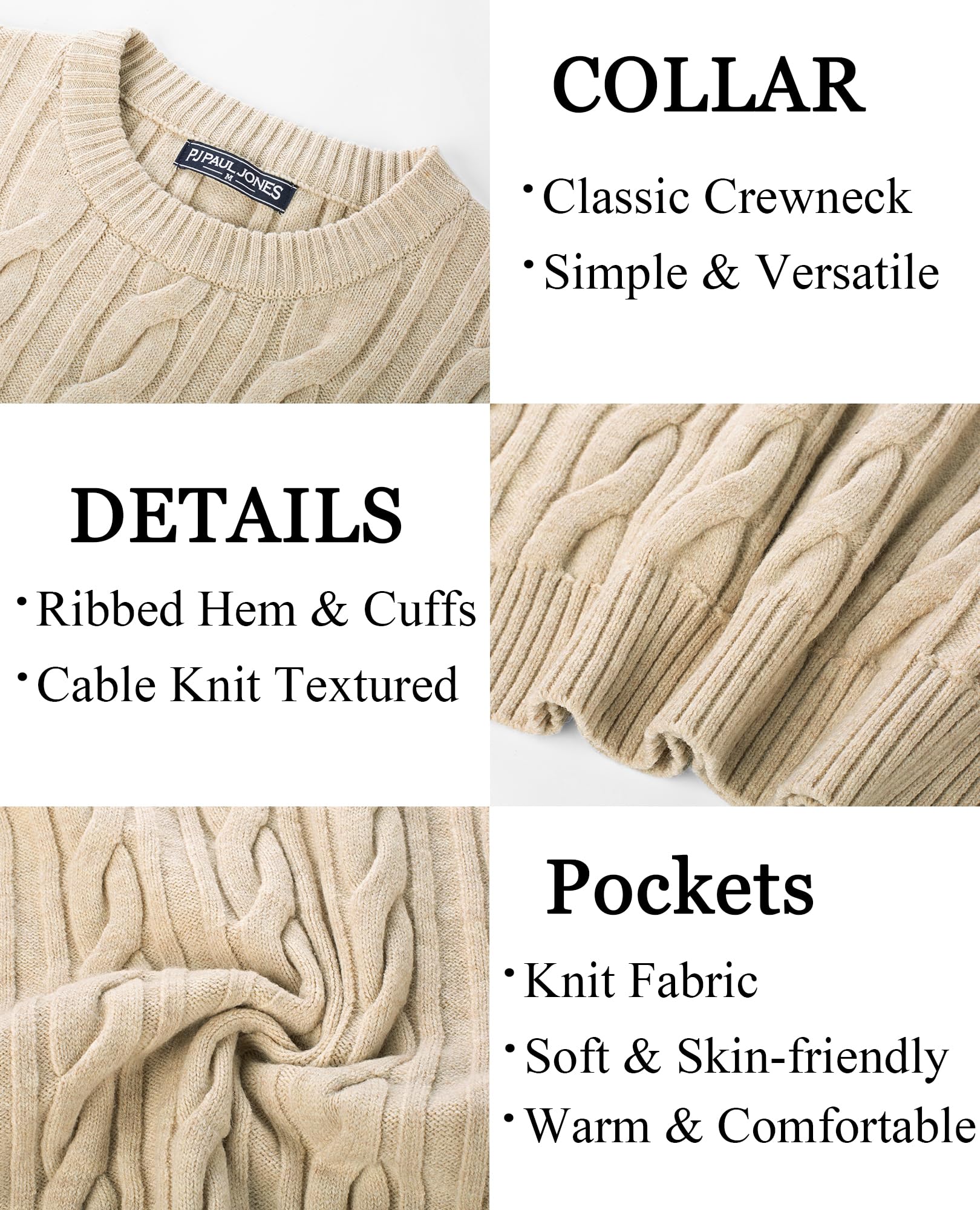 PJ PAUL JONES Men's Cable Knit Crewneck Sweater - Soft Casual Pullover Winter Warm Textured Knitwear for Office, Date Night & Holiday Outfits