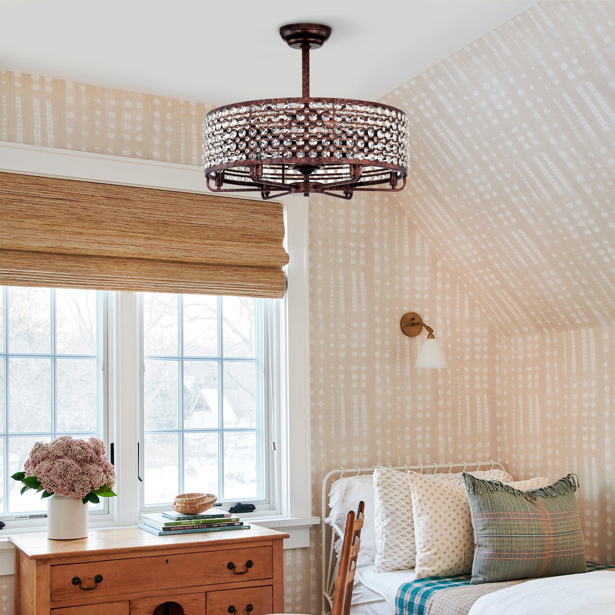 26.8 Inch Crystal Chandelier Ceiling Fan with Remote Control - 3 ABS Blades & 4 Light Fixtures (Bulbs Not Included) - Perfect for Living Room, Bedroom, and Dining Room Lighting