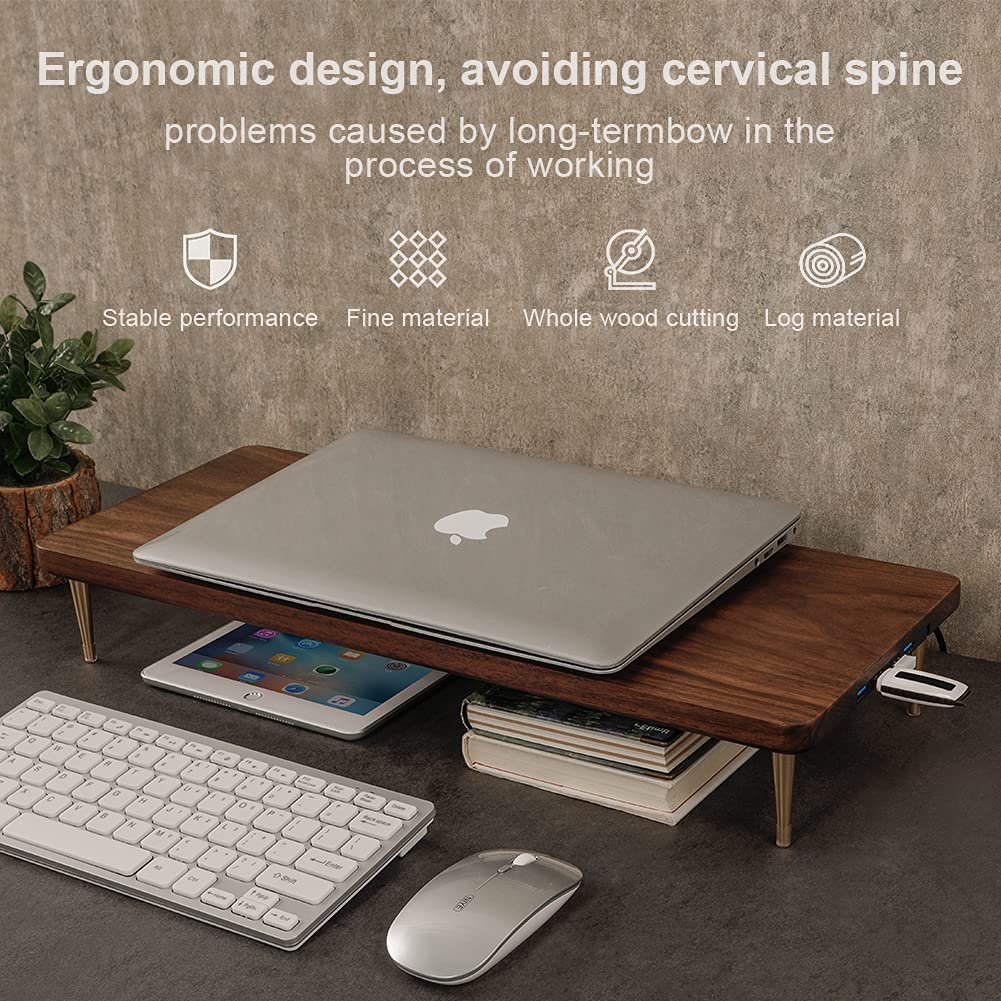 Walnut Wood Monitor Stand with 4 USB Ports - Ergonomic Riser for iMac, Laptop & Computer Screens to Reduce Eye Strain & Improve Posture | Perfect for Home Office & Workspace Setup