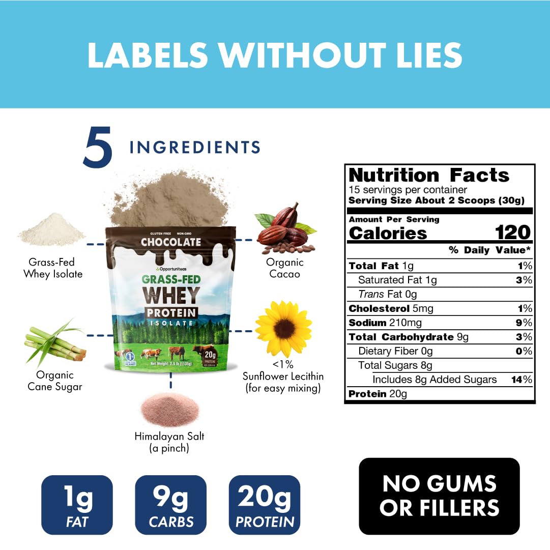 Grass Fed Chocolate Whey Protein Isolate Powder - 20g Protein per Serving, No Artificial Sweeteners, Hormone-Free, Non-GMO, 2.5lb for Post-Workout Recovery & Muscle Building