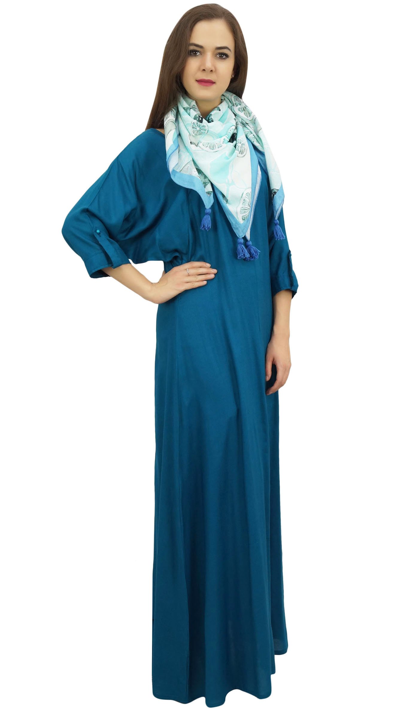 Bimba Women's Designer Summer Maxi Dress with Printed Tassel Scarf - Flowy Boat Neck Dress for Beach, Vacation & Casual Outings