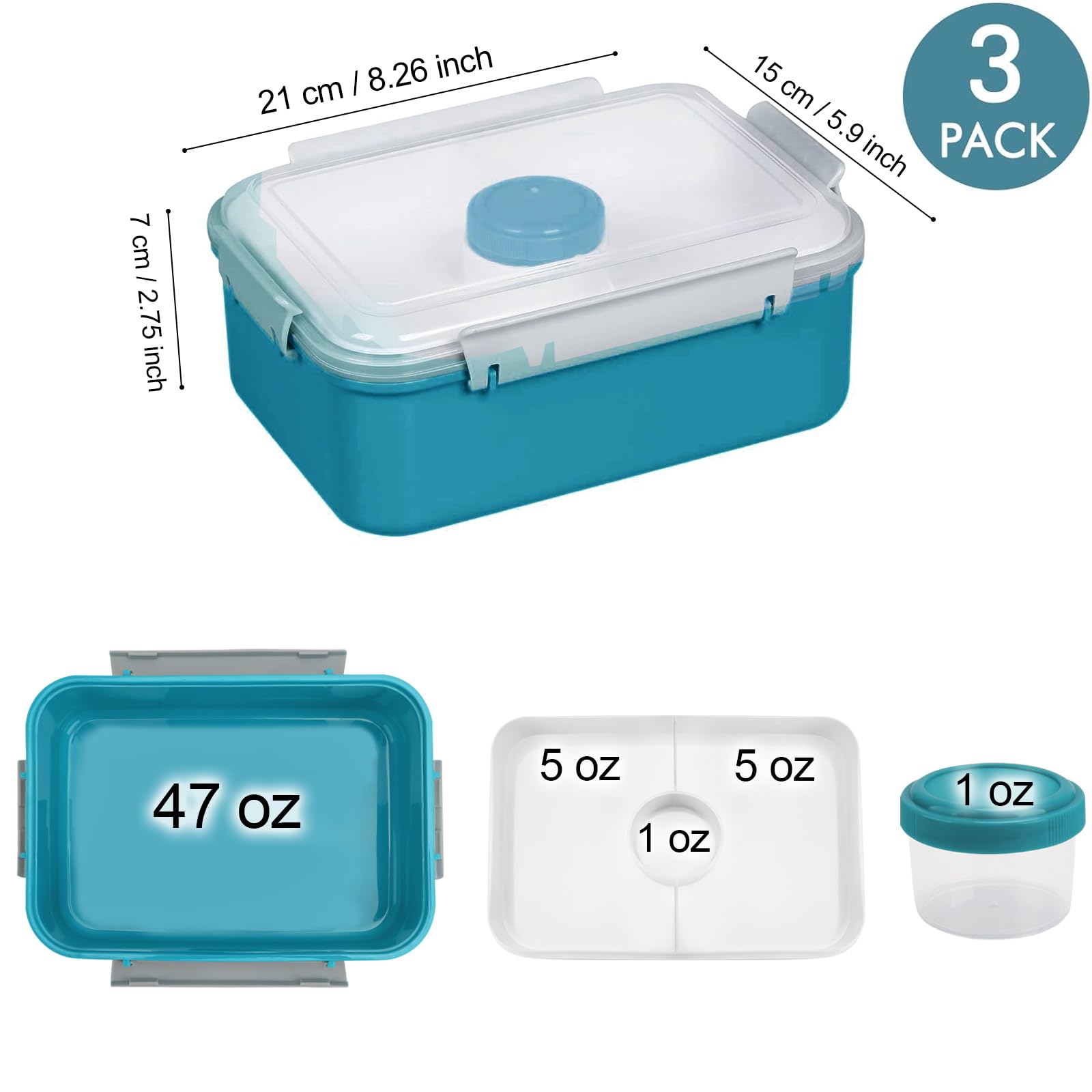 3 Pack 47oz Bento Box Meal Prep Containers with Lids - Reusable Salad Lunch Box with Removable Tray & Dressing Pots - Microwave Safe Food Storage for Kids & Adults - Perfect for Office Lunch, Picnics & Meal Prepping