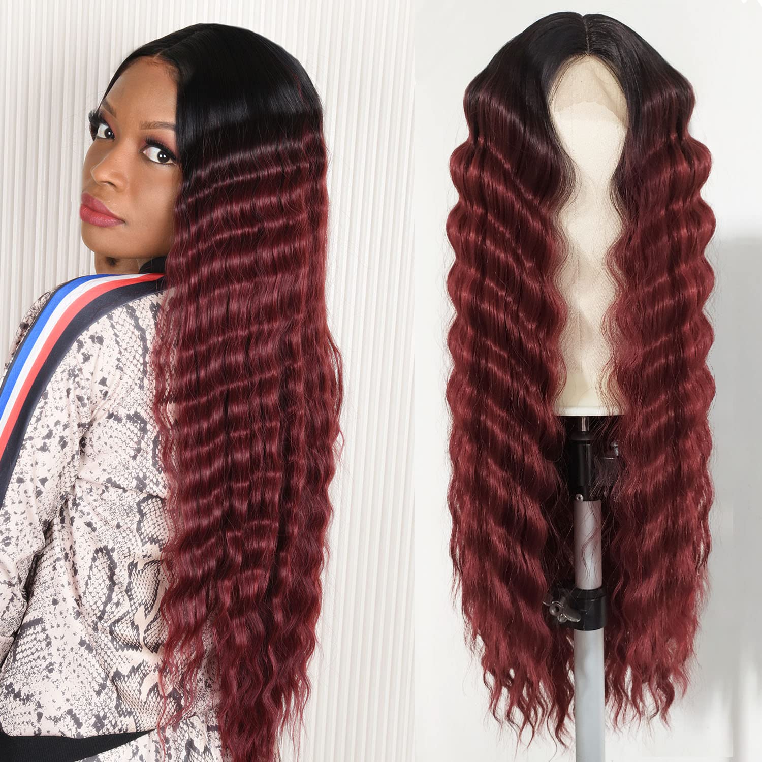 30 Inch Loose Deep Wave Synthetic Wig for Women - Long Curly Lace Front Wig with Simulated Scalp - Ombre Black Burgundy Color 1B/118 - Perfect for Cosplay, Parties & Everyday Glam