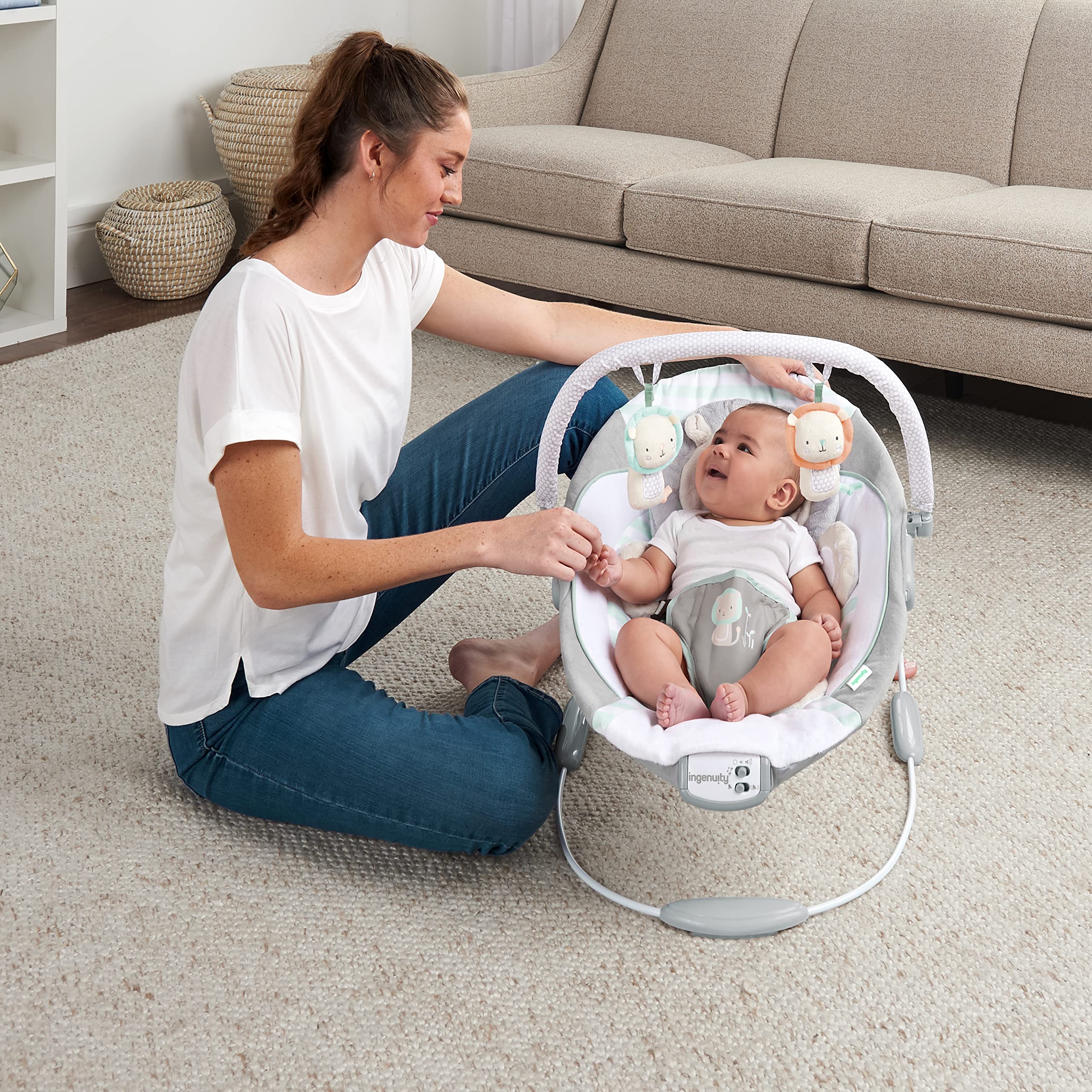 Ingenuity Baby Bouncer Seat with Vibration & Music - Landry The Lion | Portable Infant Bouncer with Soothing Vibrations & Lullabies | Perfect for Newborns, Playtime & Nursery Comfort