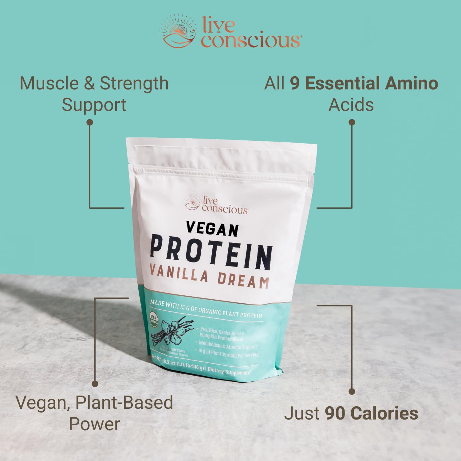 Live Conscious Vegan Pea Protein Powder - Vanilla Dream Flavor | Plant-Based Protein Blend with Pea, Brown Rice, Pumpkin & Sacha Inchi | 20 Servings (18 oz) | Post-Workout Recovery, Smoothie Booster & Healthy Meal Replacement